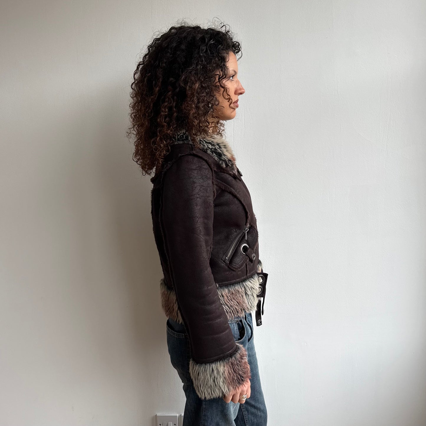 Brown faux fur cargo bomber - Size M