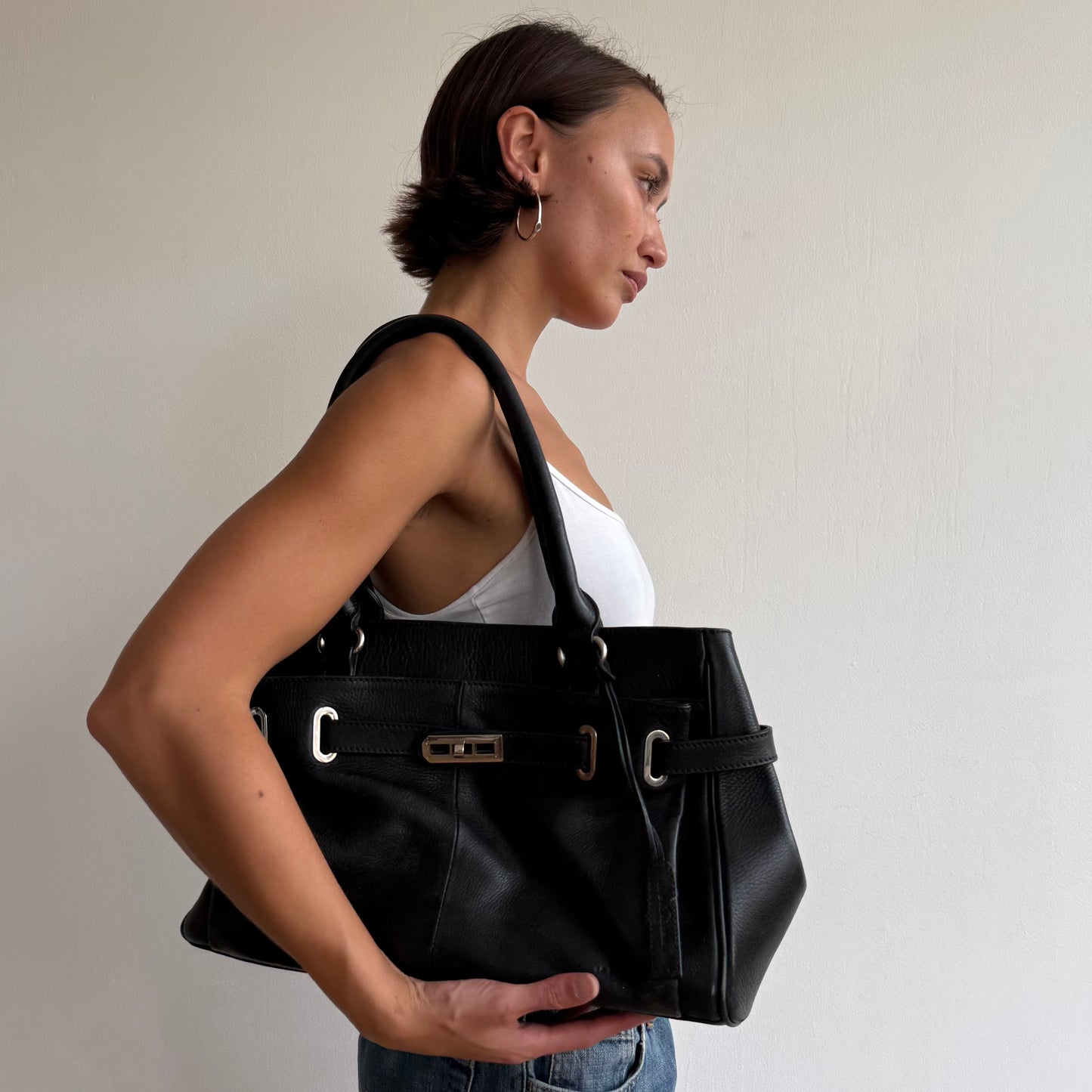 Black leather firkin bag - One Size