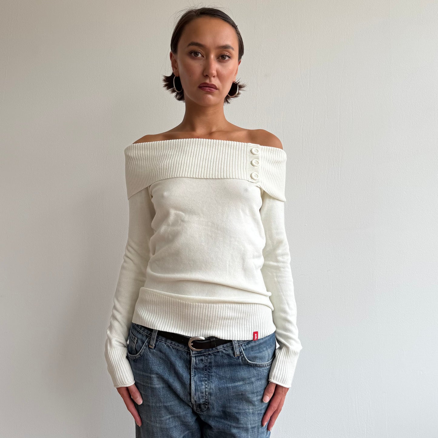 Cream button Bardot knit - Size M