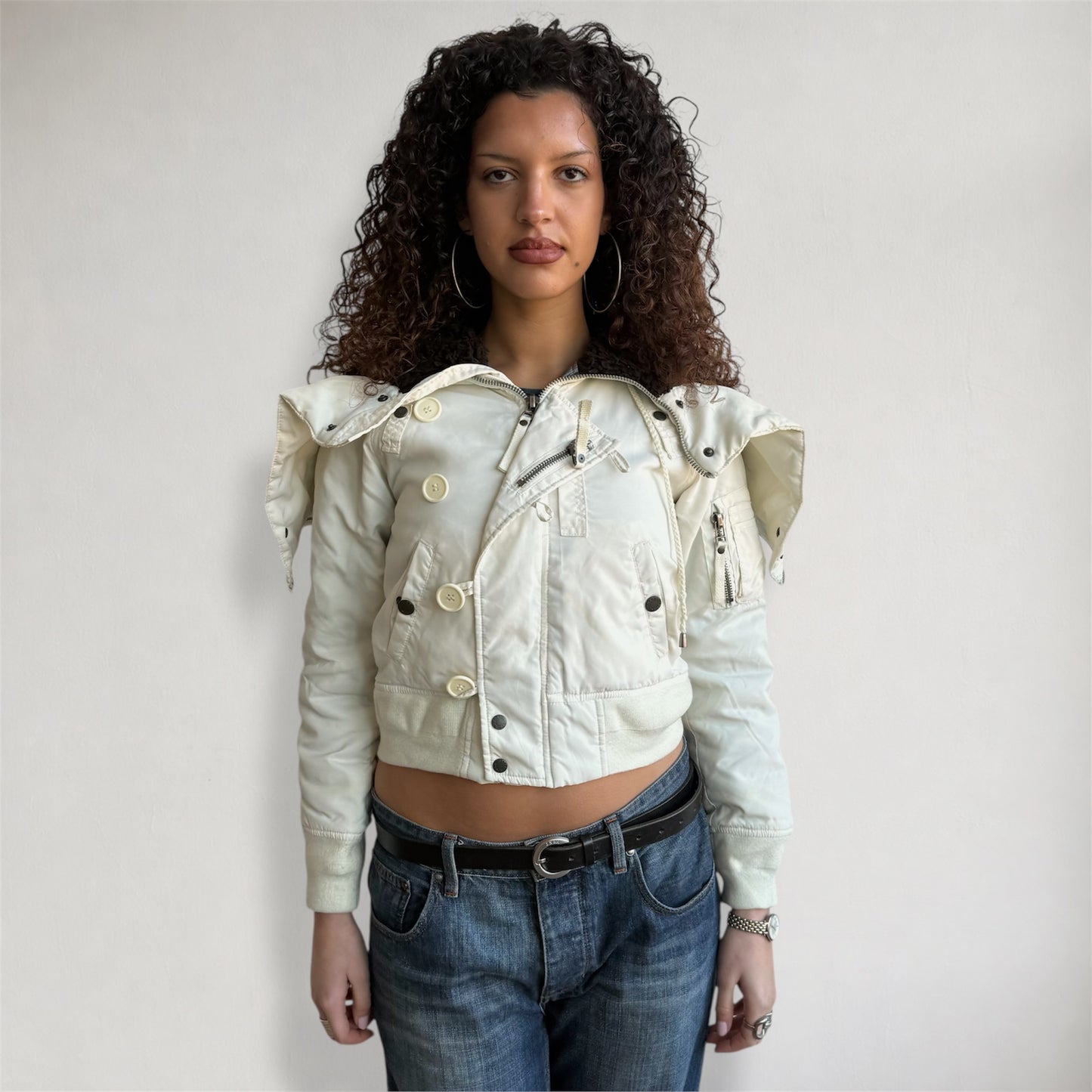 White fur hood cargo bomber - Size S