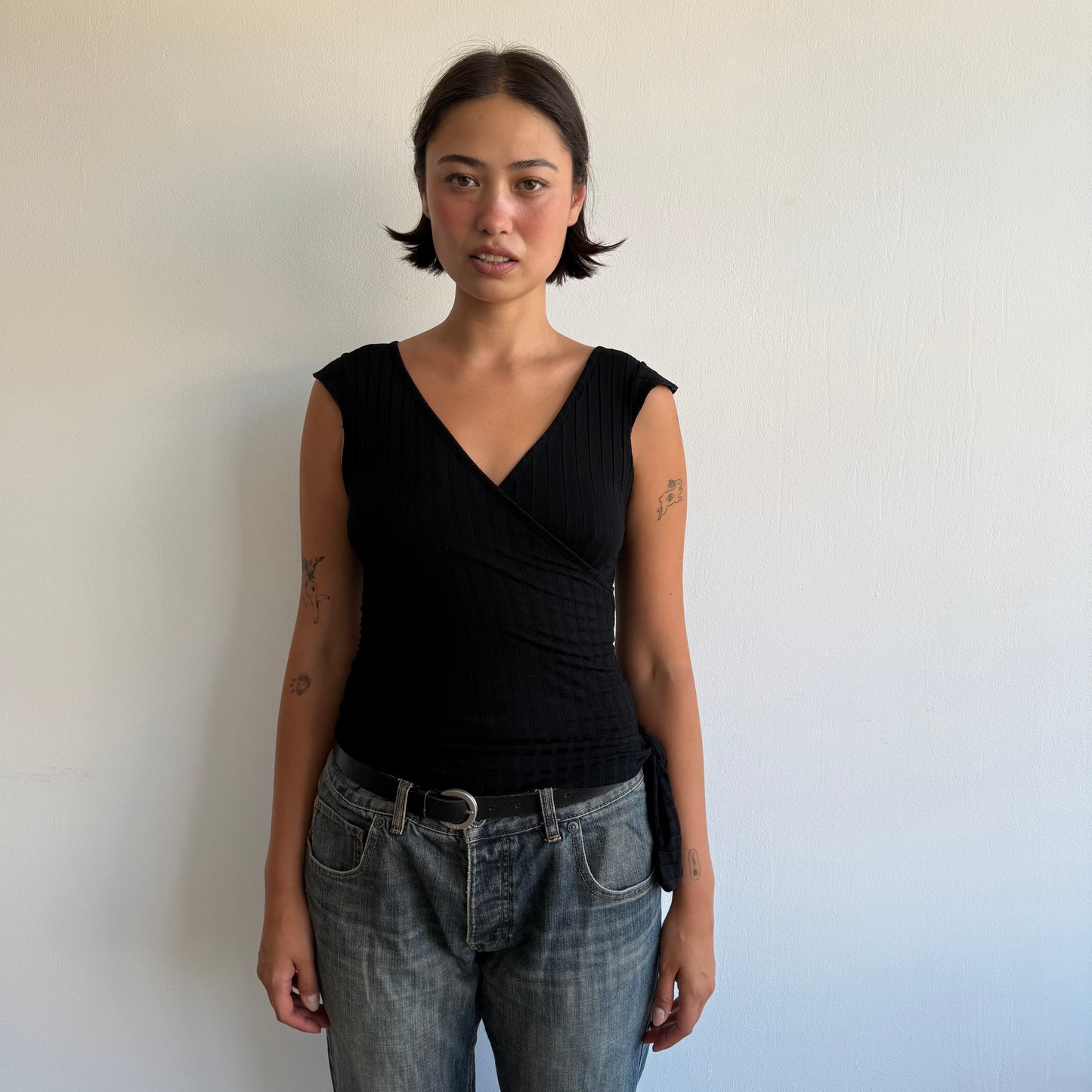 Black ribbed wrap tie side top - Size S