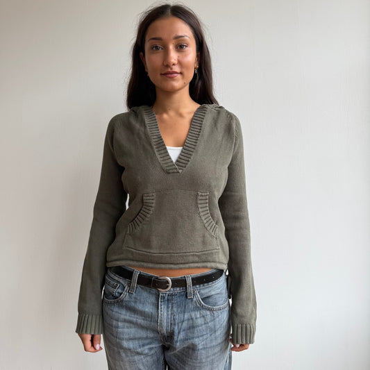 Khaki v-neck knit hoodie - Size S-M
