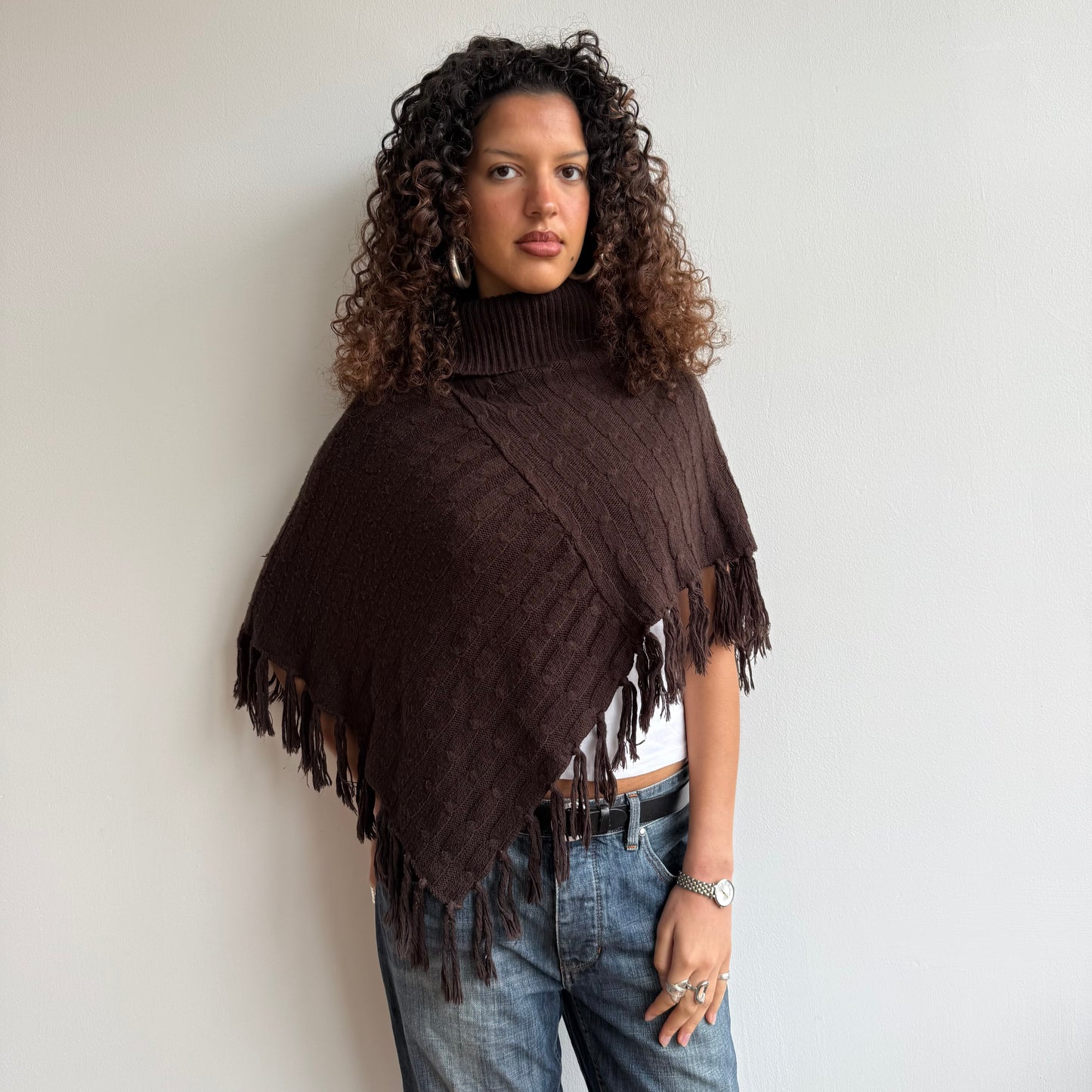 Brown knit roll neck poncho - One Size