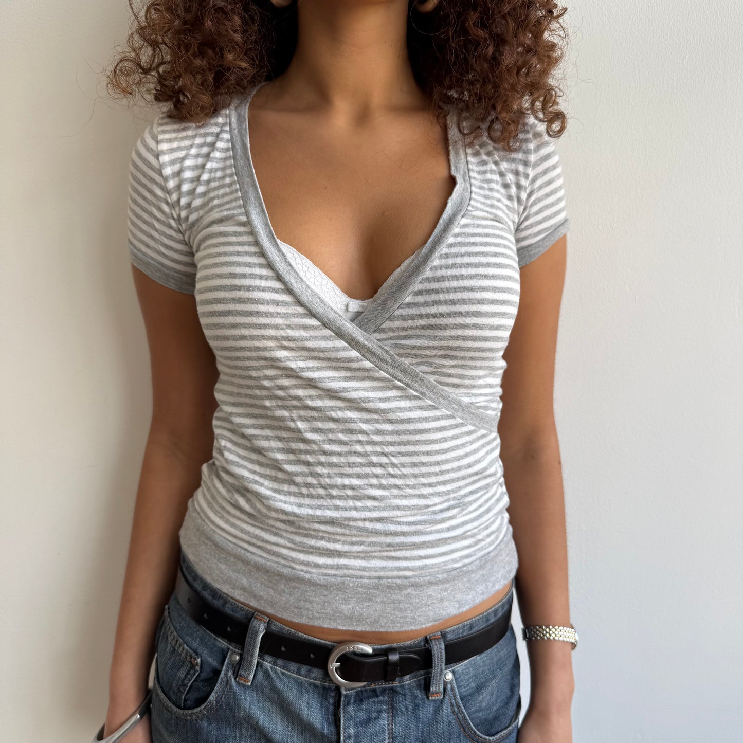 Grey + white stripe wrap top - Size S