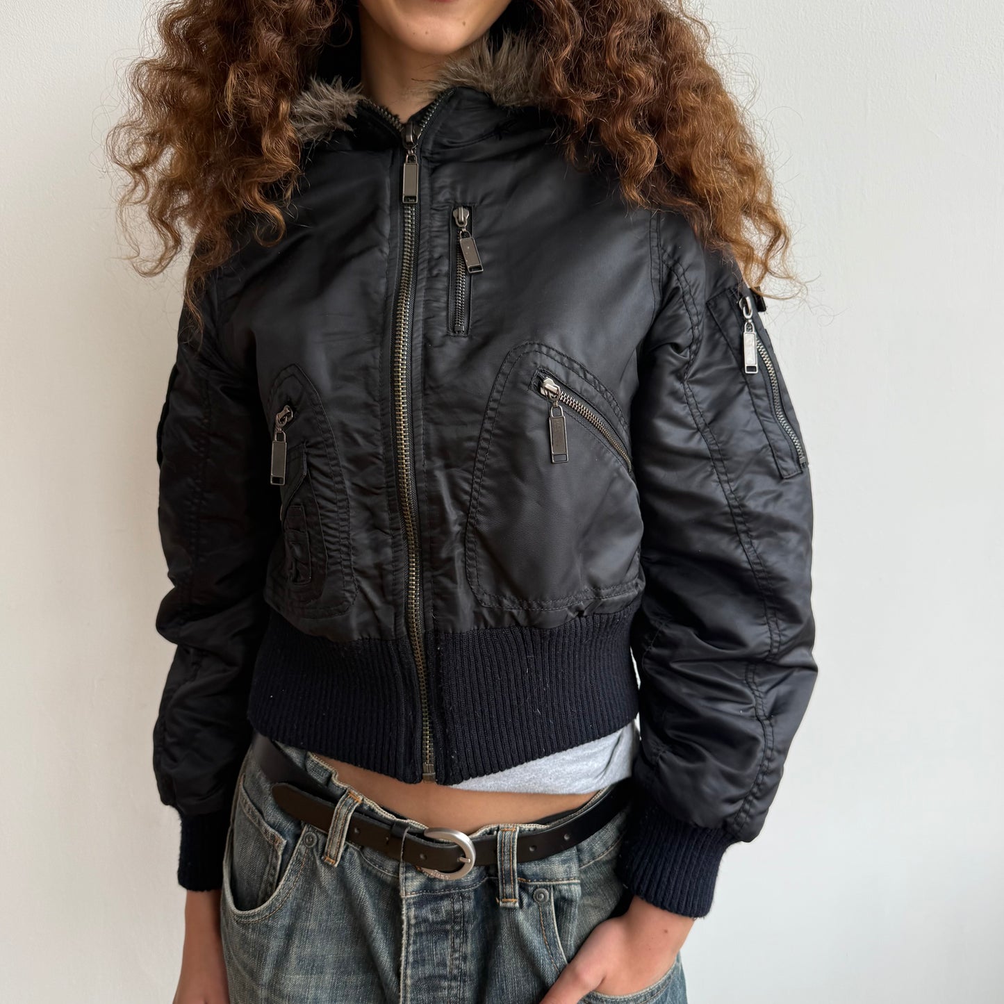 Black hooded cropped bomber - Size S