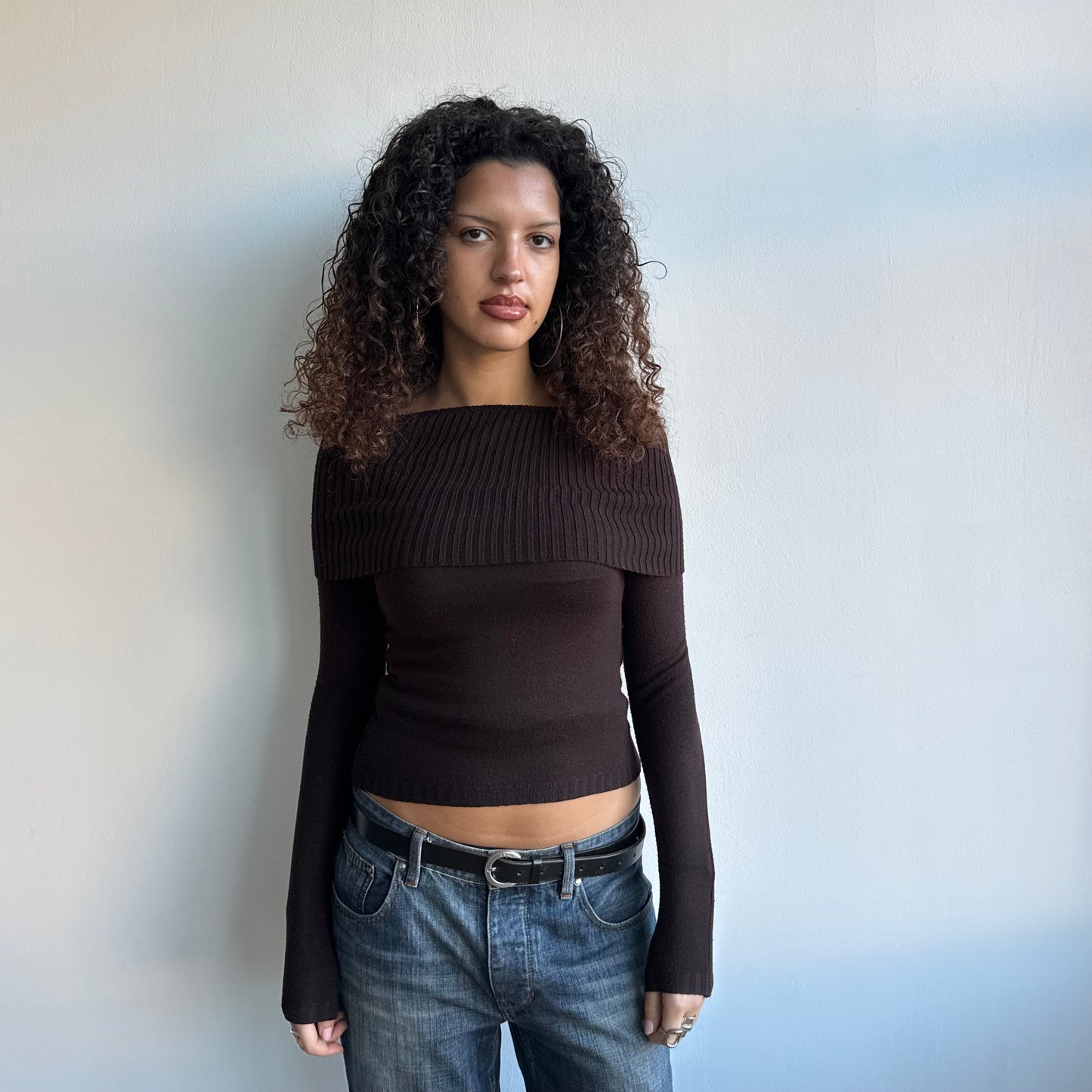 Brown Bardot knit jumper - Size S