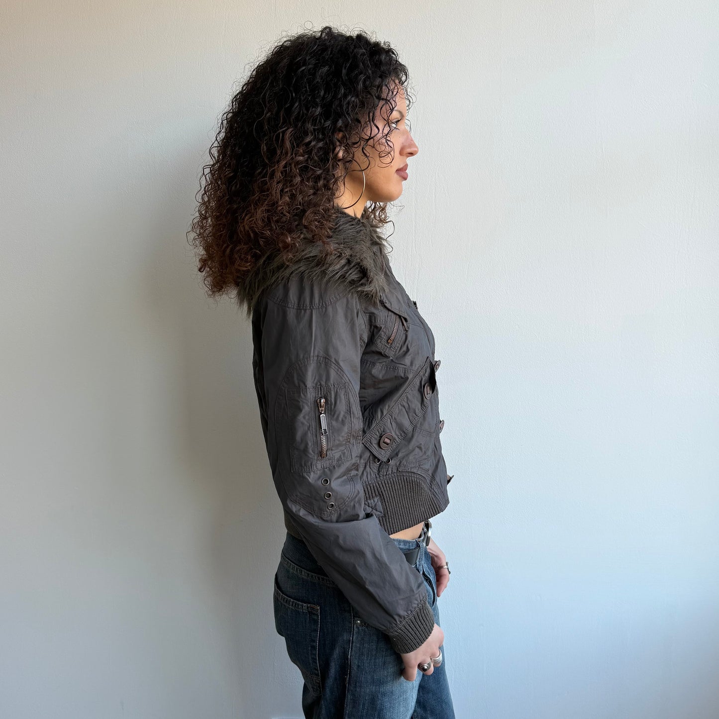 Brown fur collar bomber - Size M