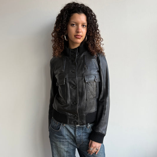 Black leather cargo bomber - Size M