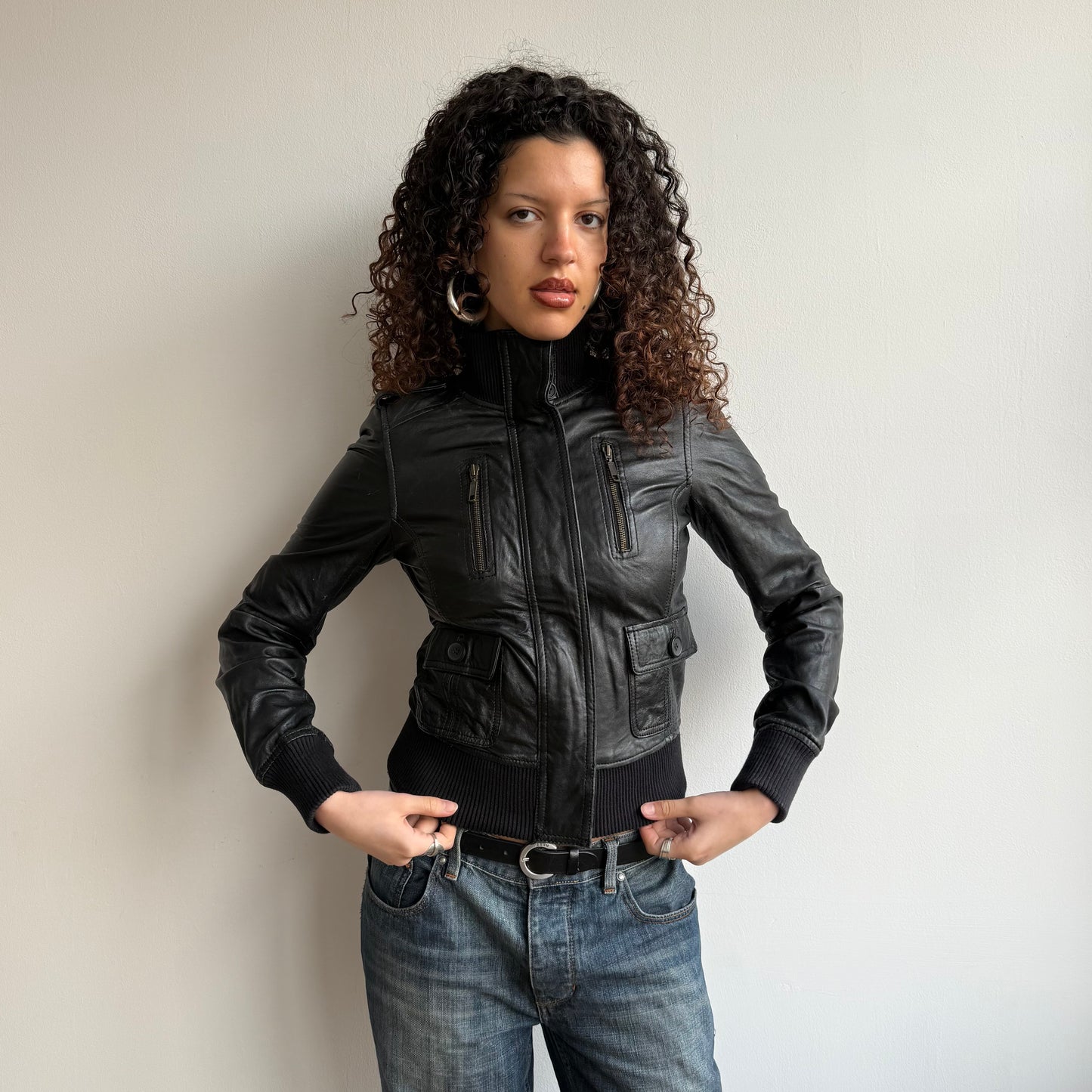 Black leather cargo zip jacket - Size S/M