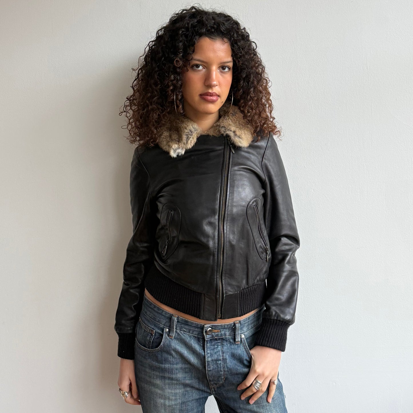 Black leather fur zip jacket - Size M