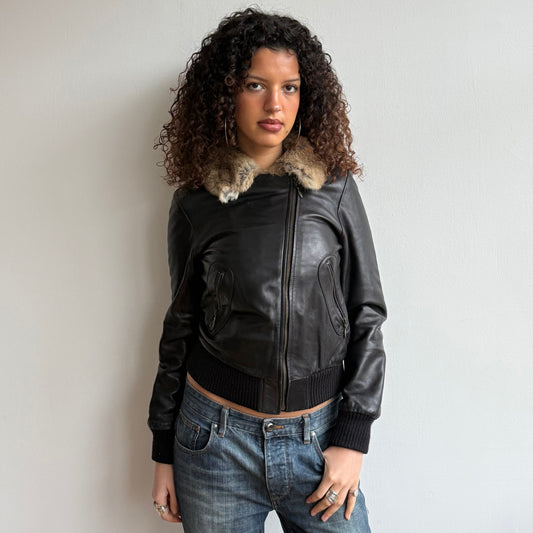 Black leather fur zip jacket - Size M