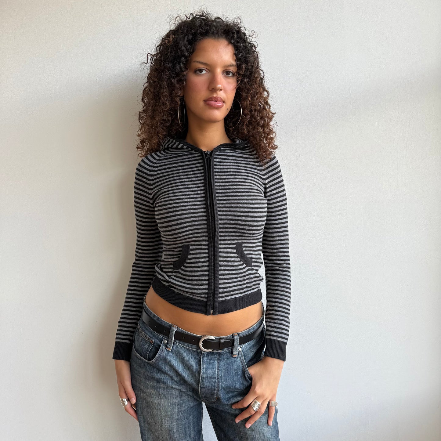 Grey and black striped hoodie - Size XXS + XS