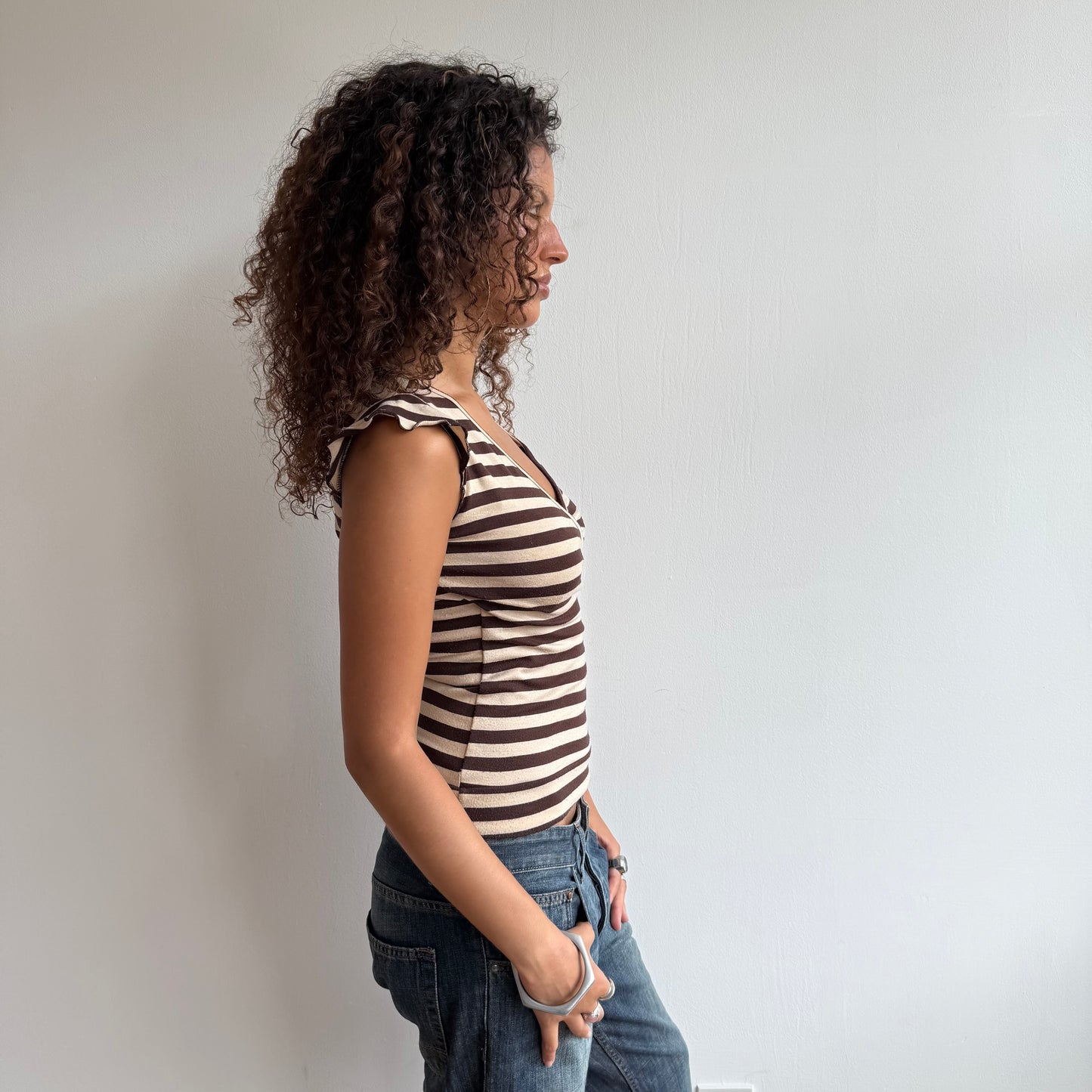 Beige + brown stripe top - Size S