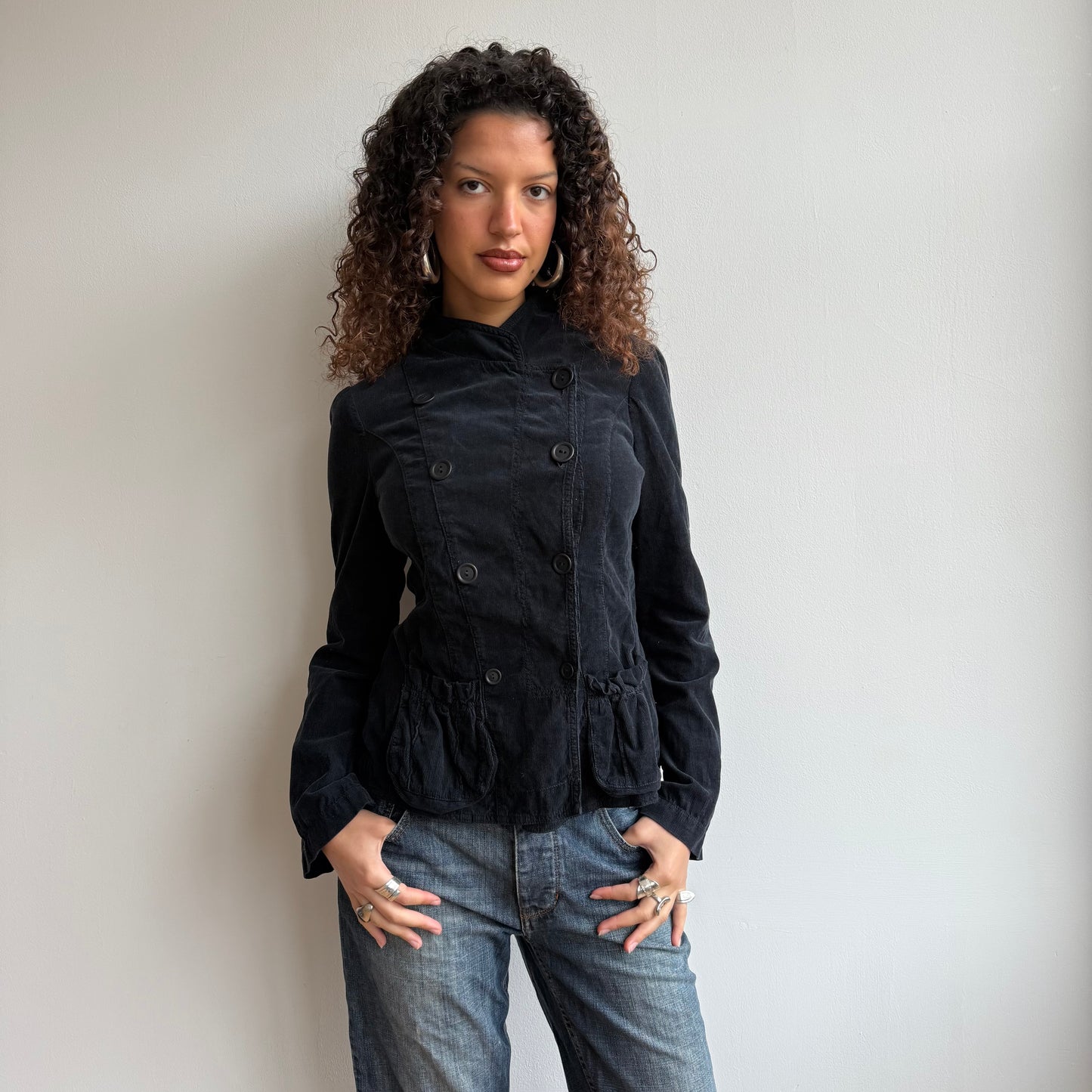 Black velours military peacoat - Size L