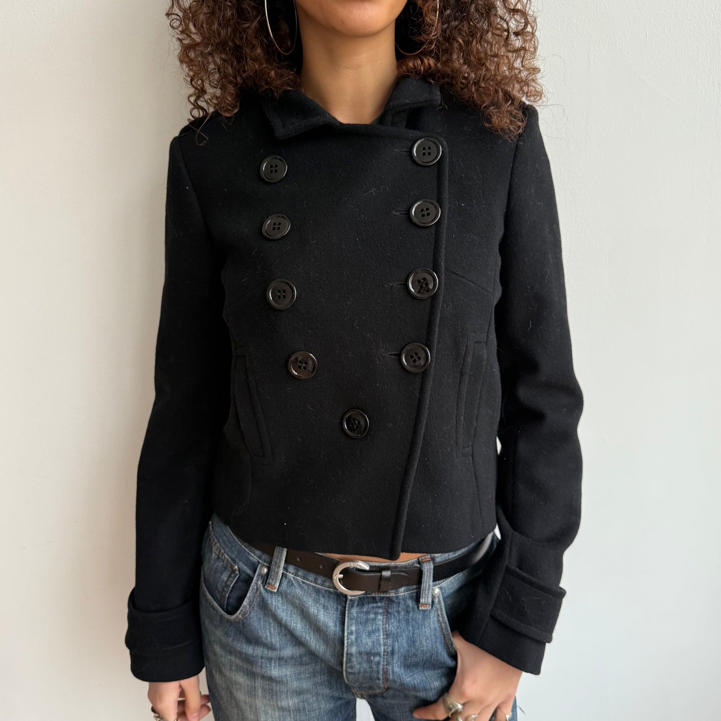 Black v-button peacoat - Size S