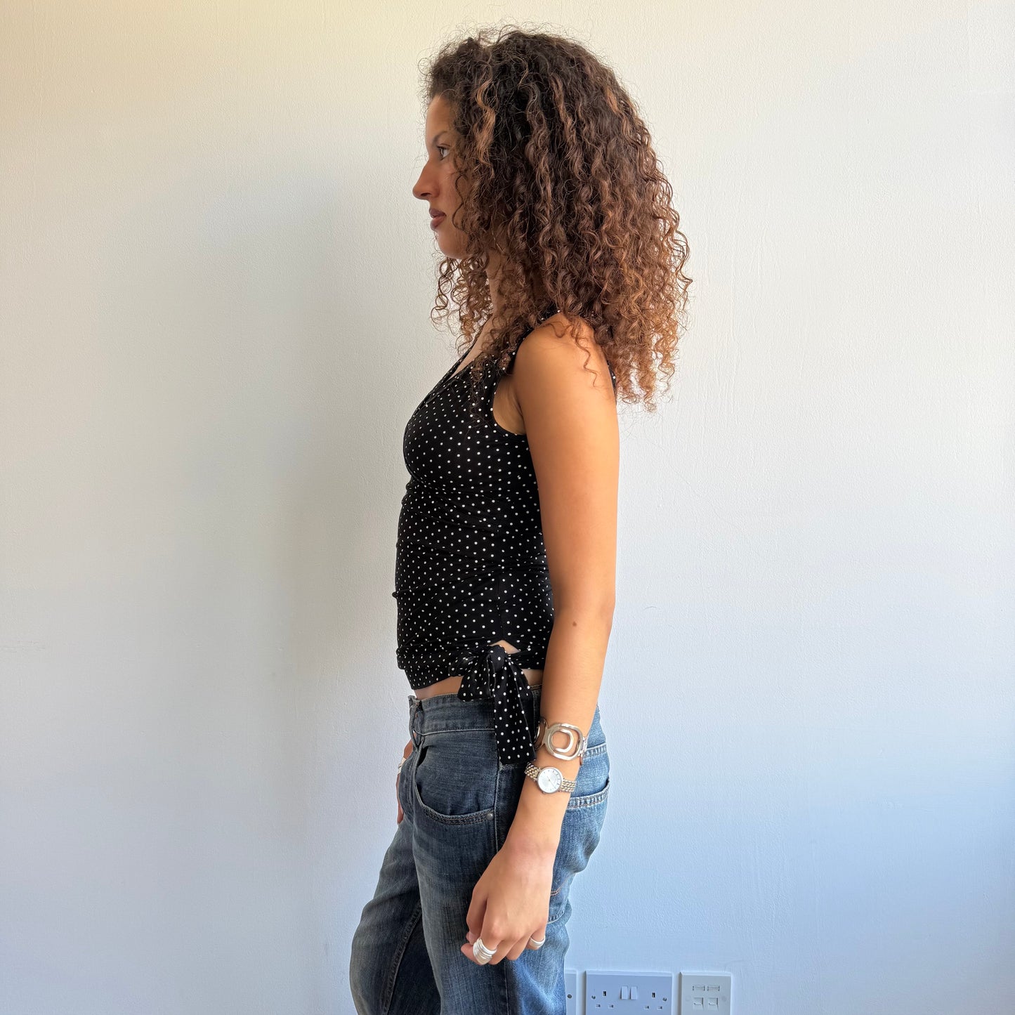 Polka dot tie side wrap top - Size S