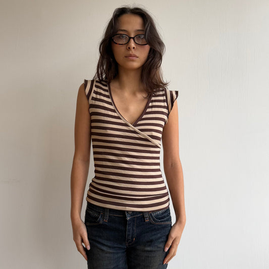 Beige striped wrap short sleeve top - Size S