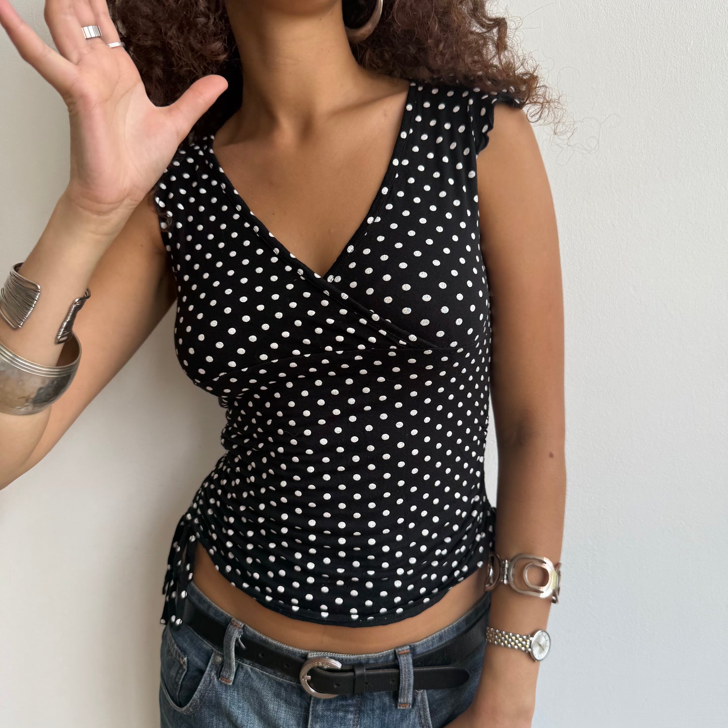 Polka dot ruched tie side t-shirt - Size S