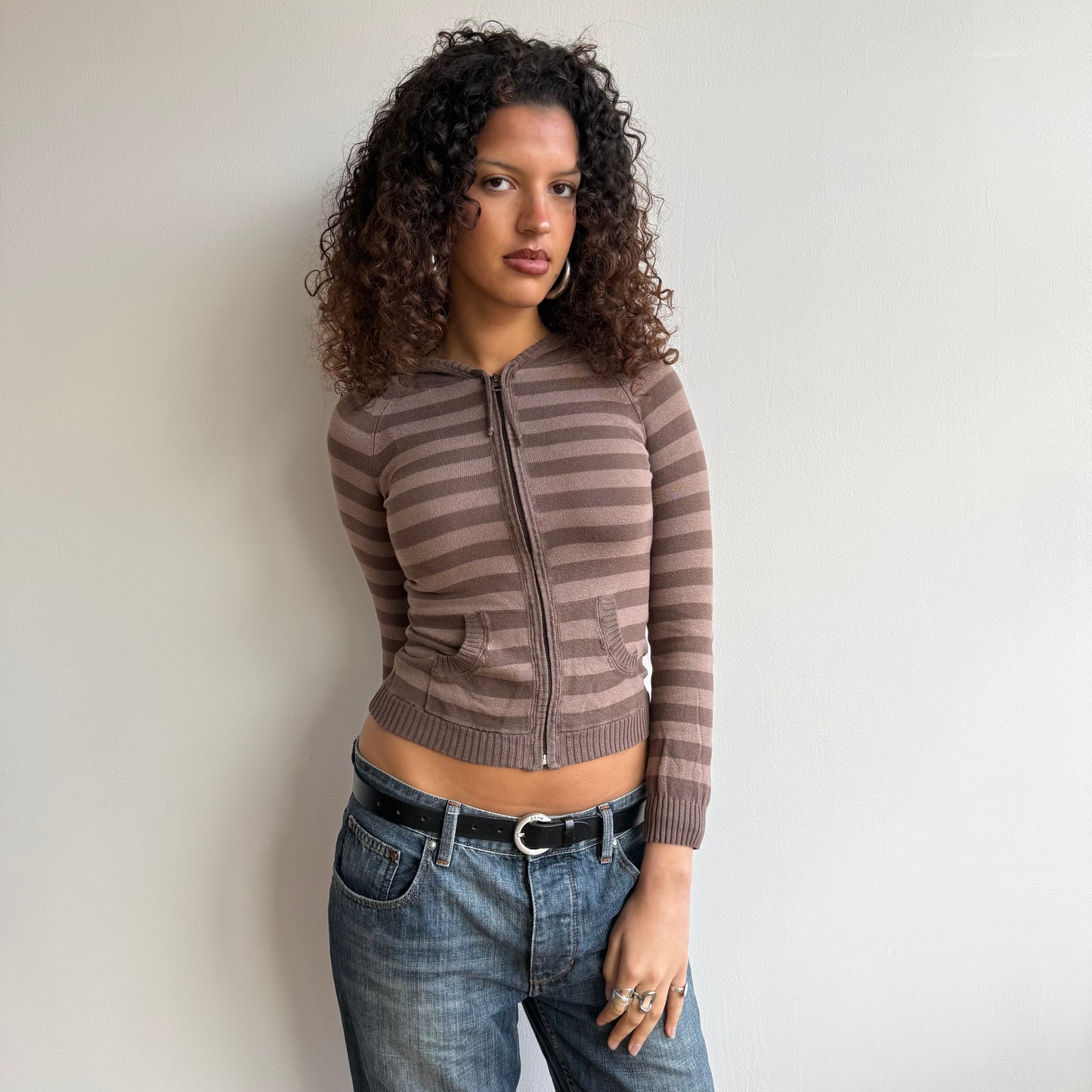 Brown striped knit hoodie - Size XS