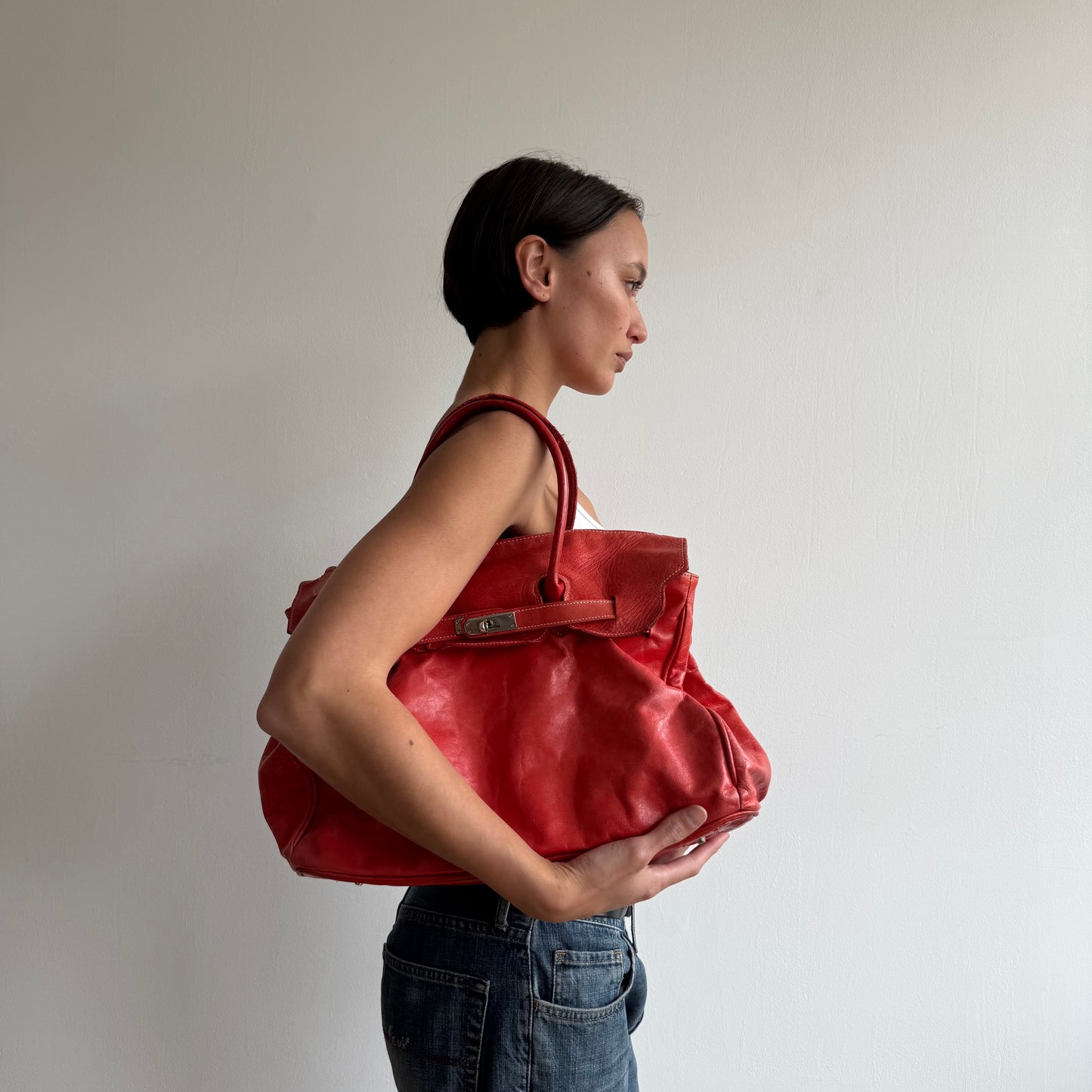 Red leather ‘firkin’ bag - One Size