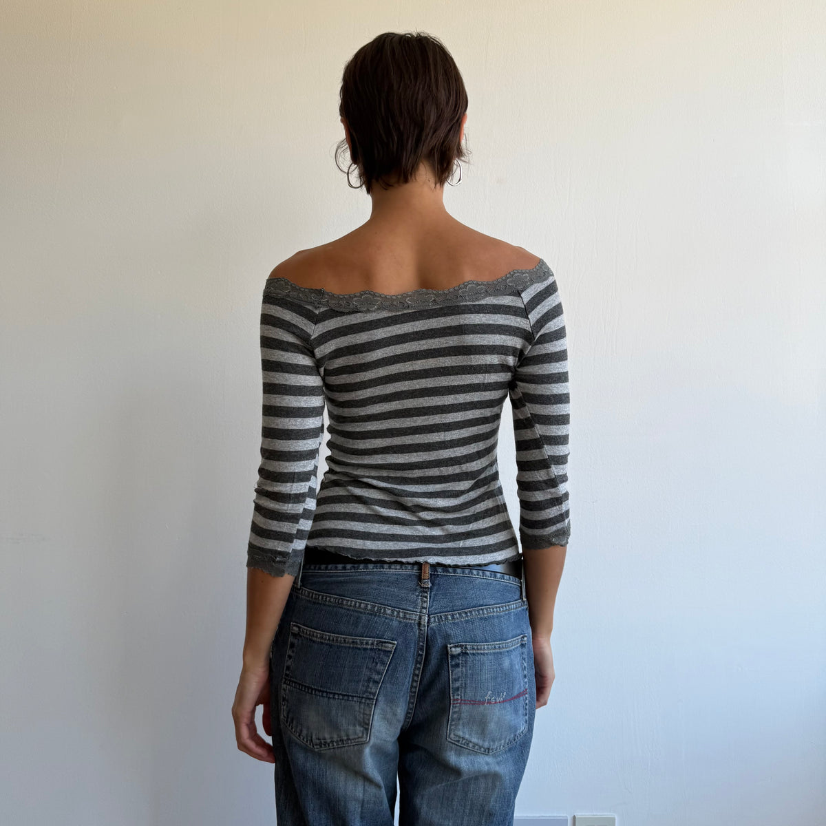 Grey striped lace 3/4 sleeve top - Size S