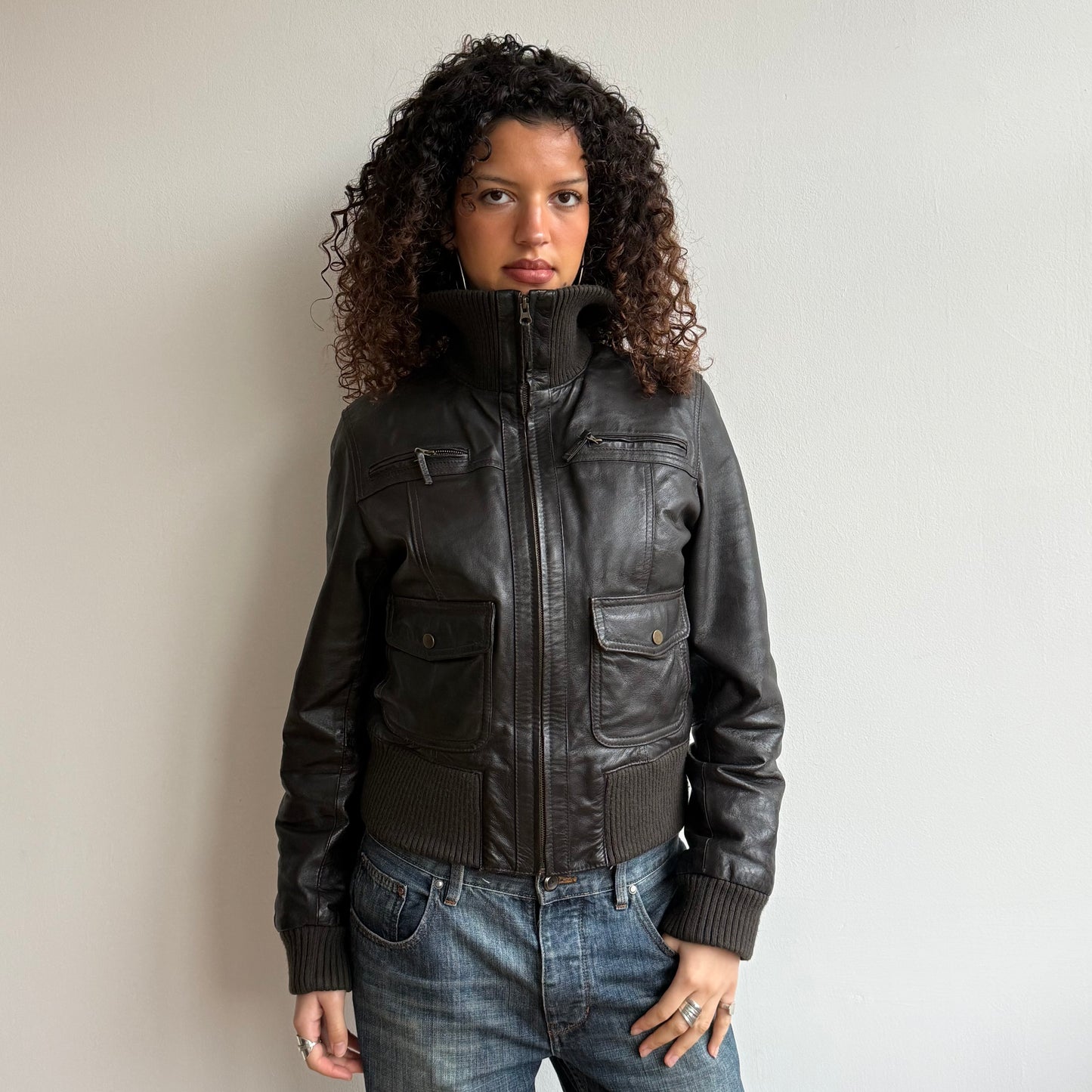Chocolate brown leather jacket - Size M
