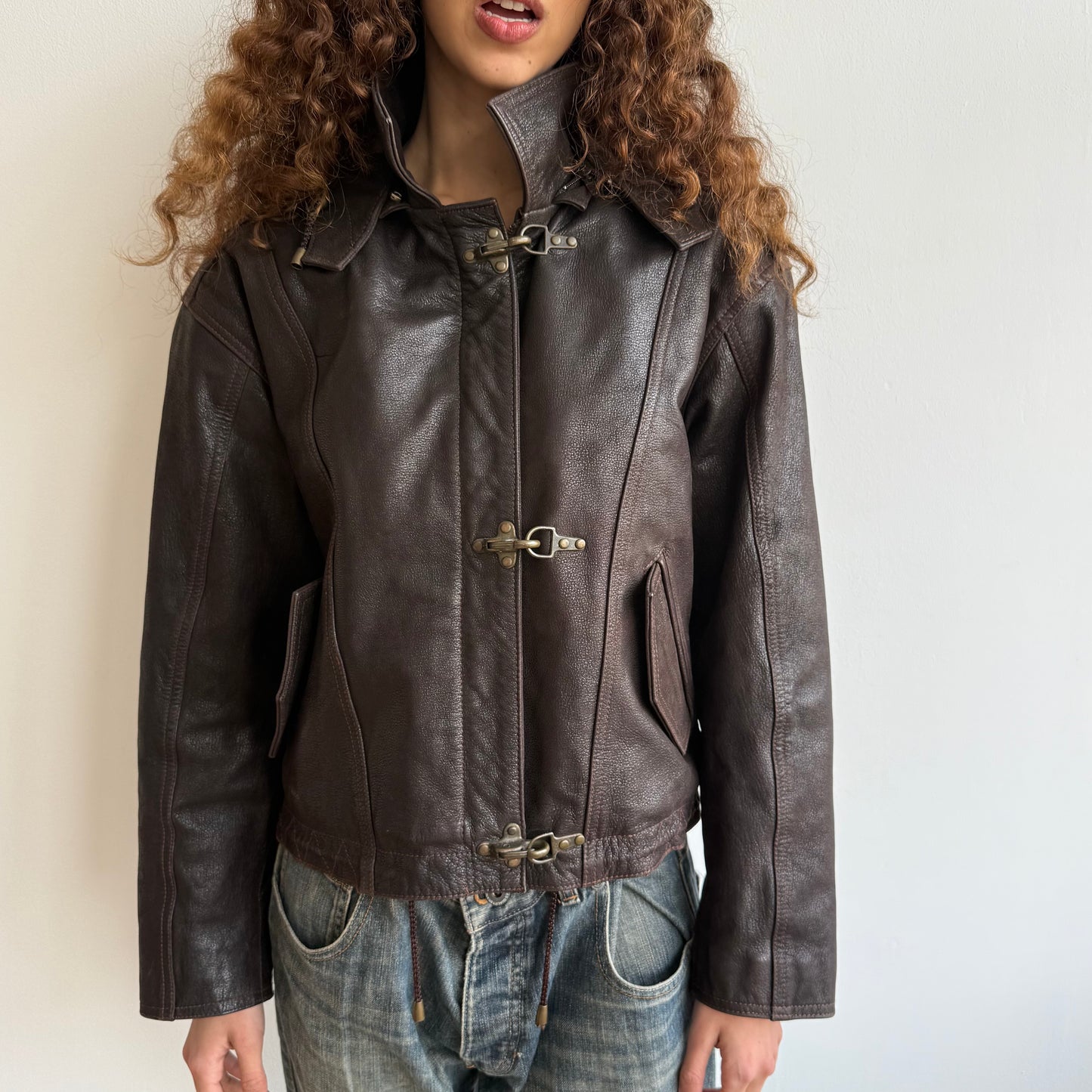 Brown leather fireman’s clasp bomber - Size M
