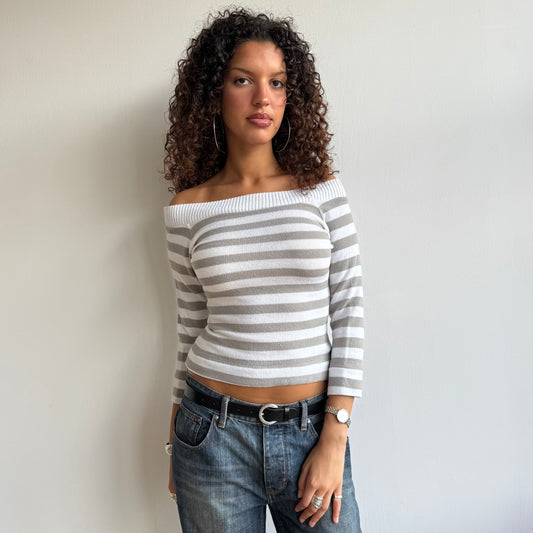 Grey + white striped Bardot knit - Size S