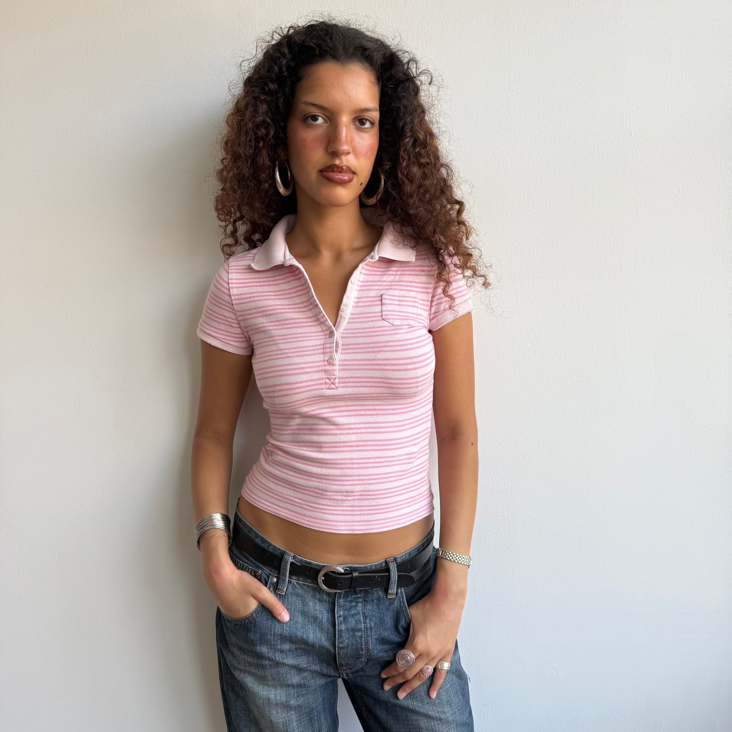 Pink striped polo top - Size S