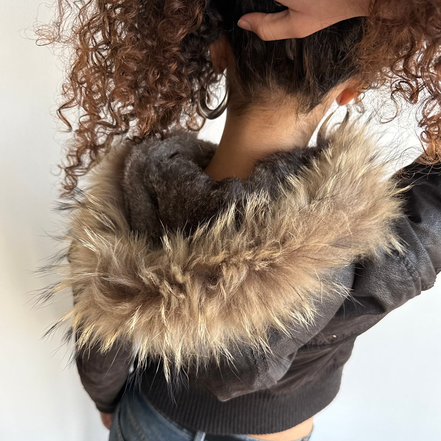 Brown suede fur hood bomber - Size S