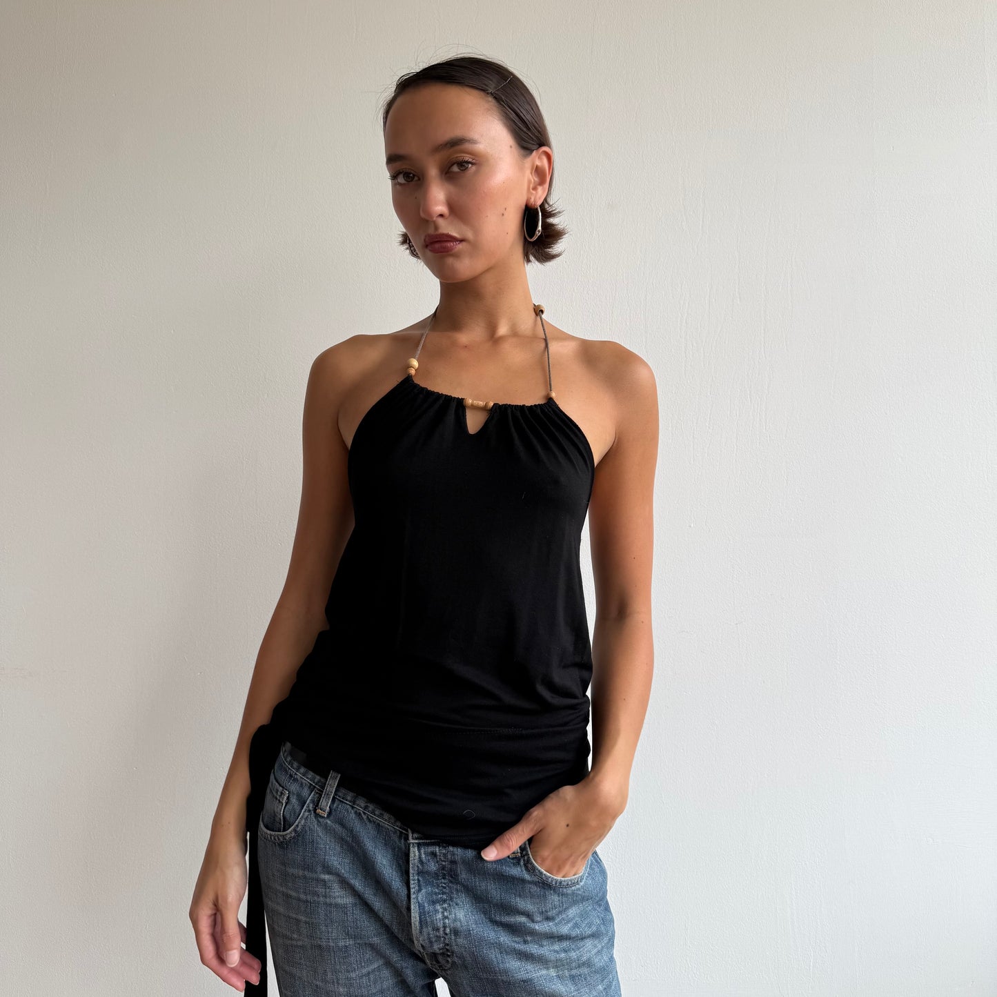 Black bead halter ruffle top - Size S