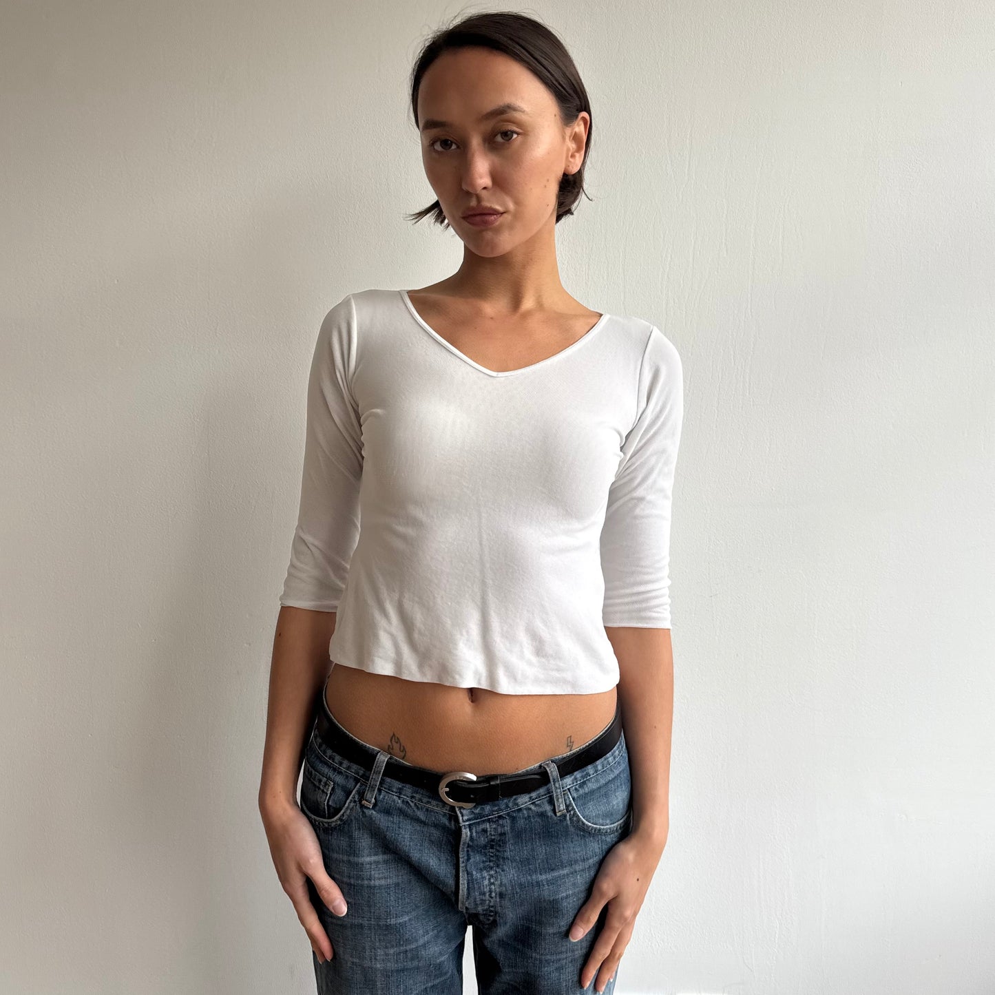 White double layer 3/4 sleeve top - Size S