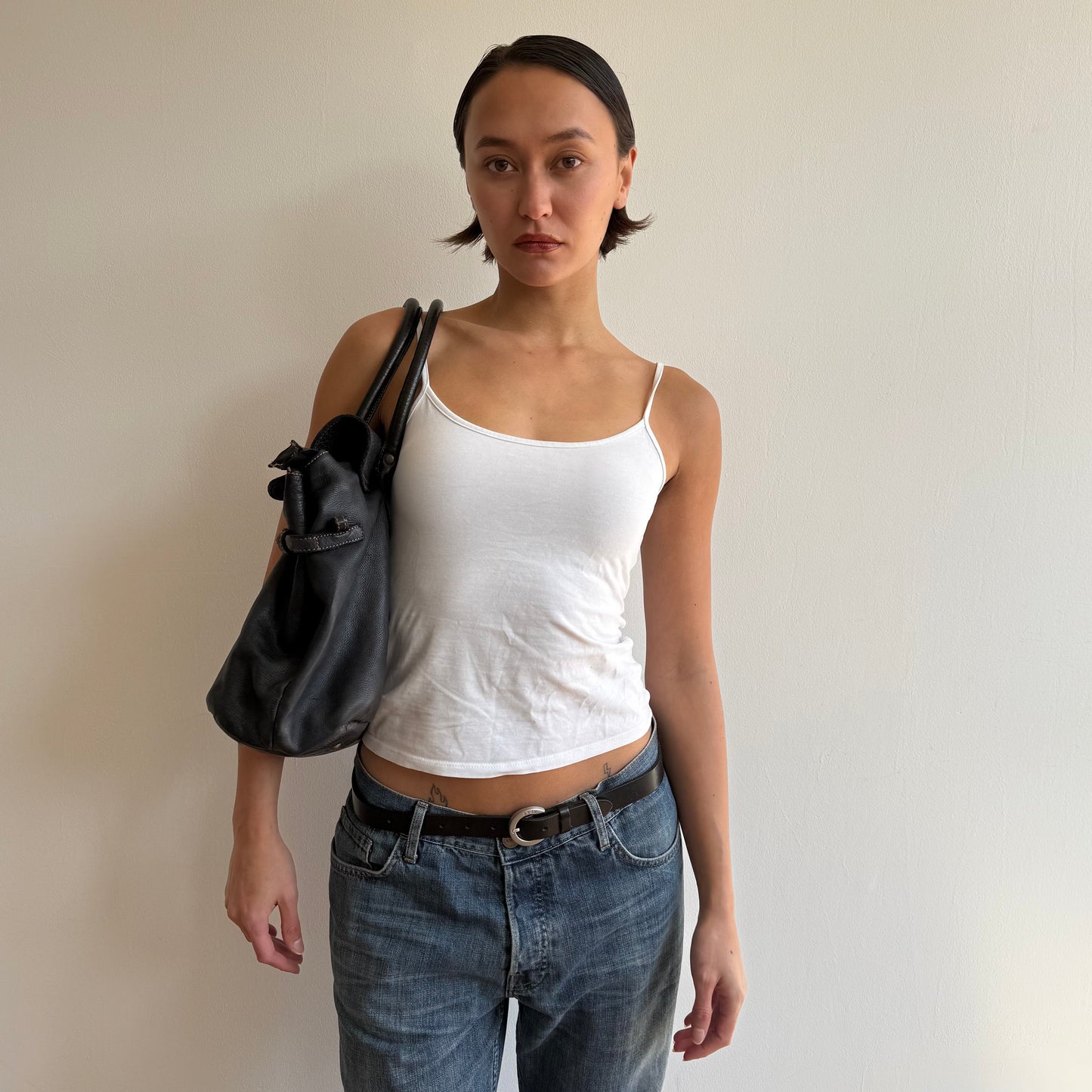 Navy leather ‘firkin’ bag - One Size