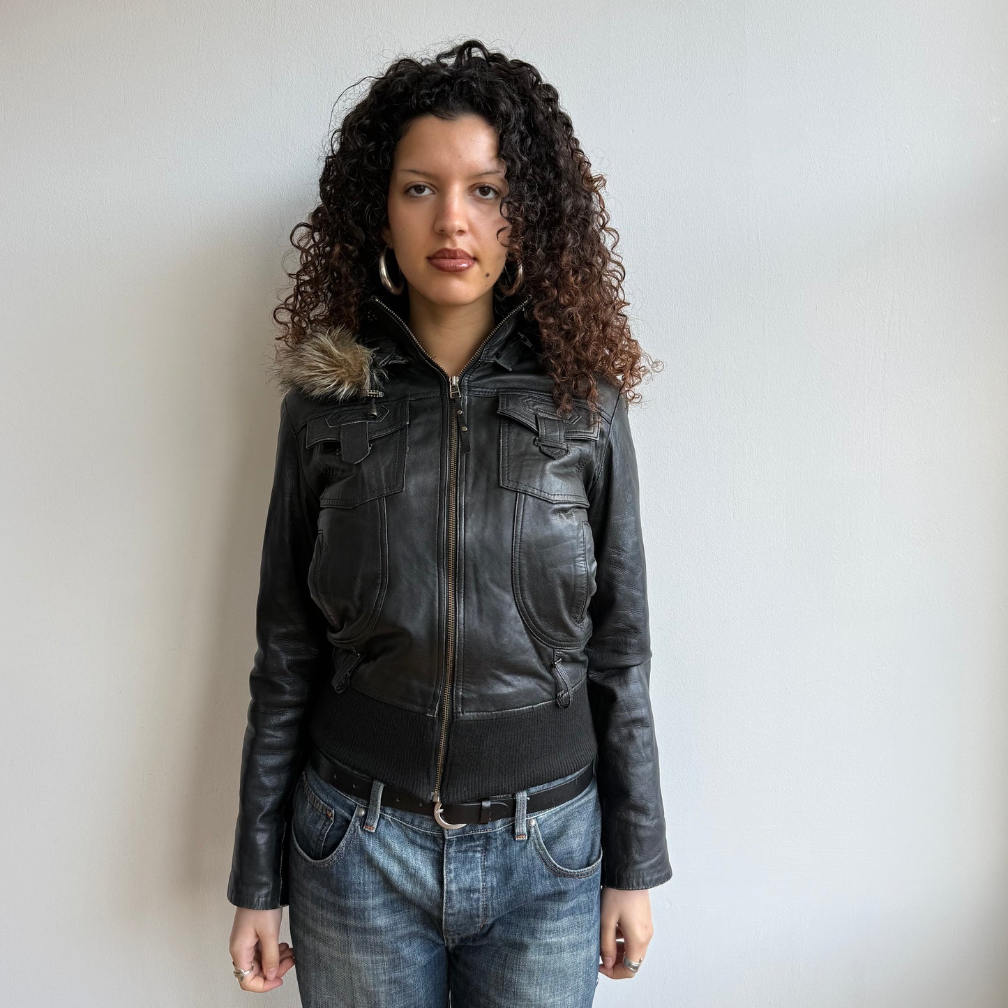 Black leather buckle belt fur trim bomber - Size M