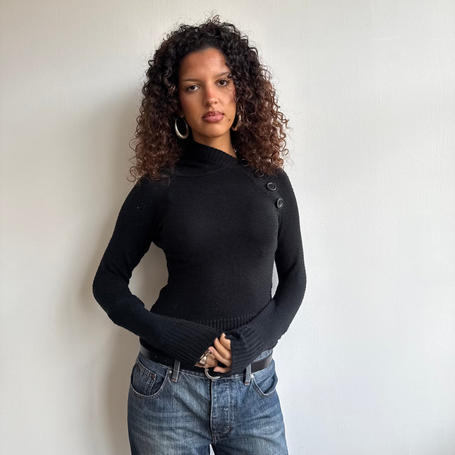 Black button knit hoodie - Size S