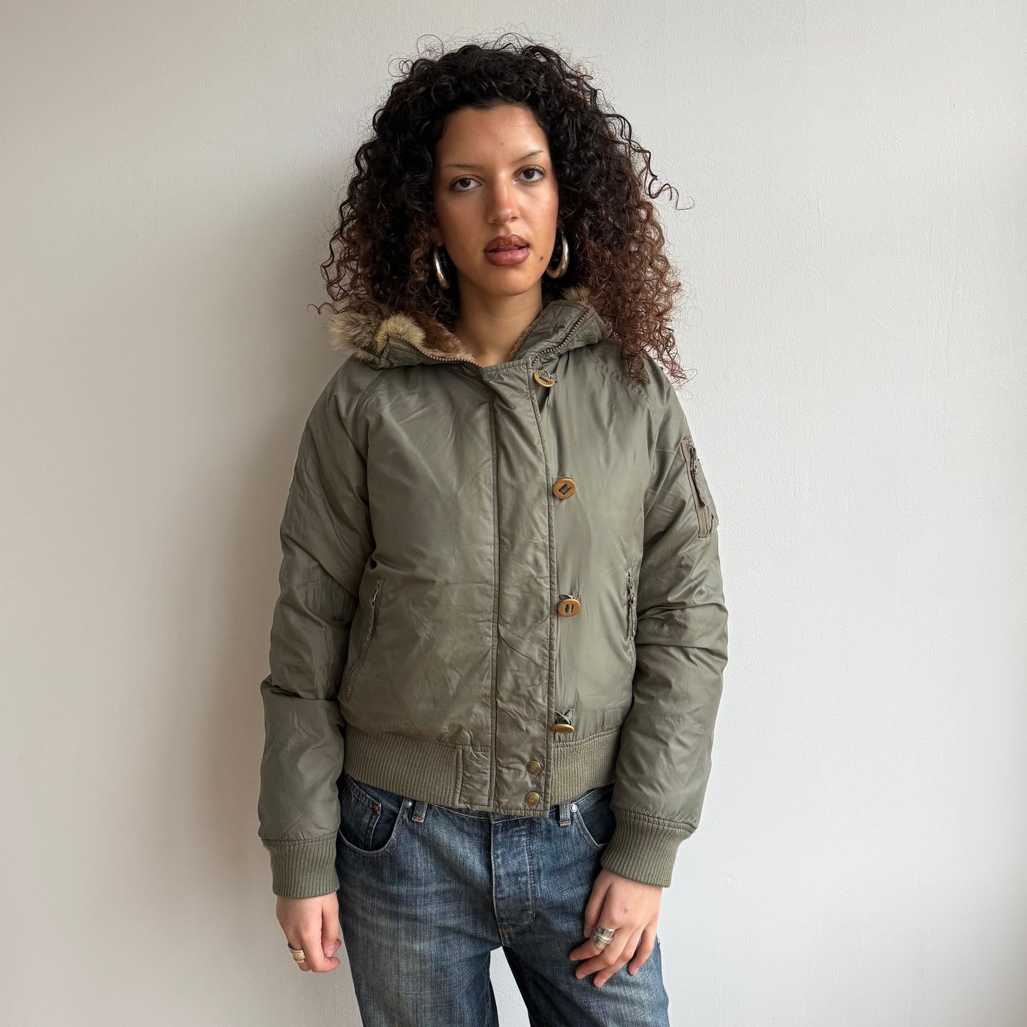 Khaki down fur hood puffer - Size M