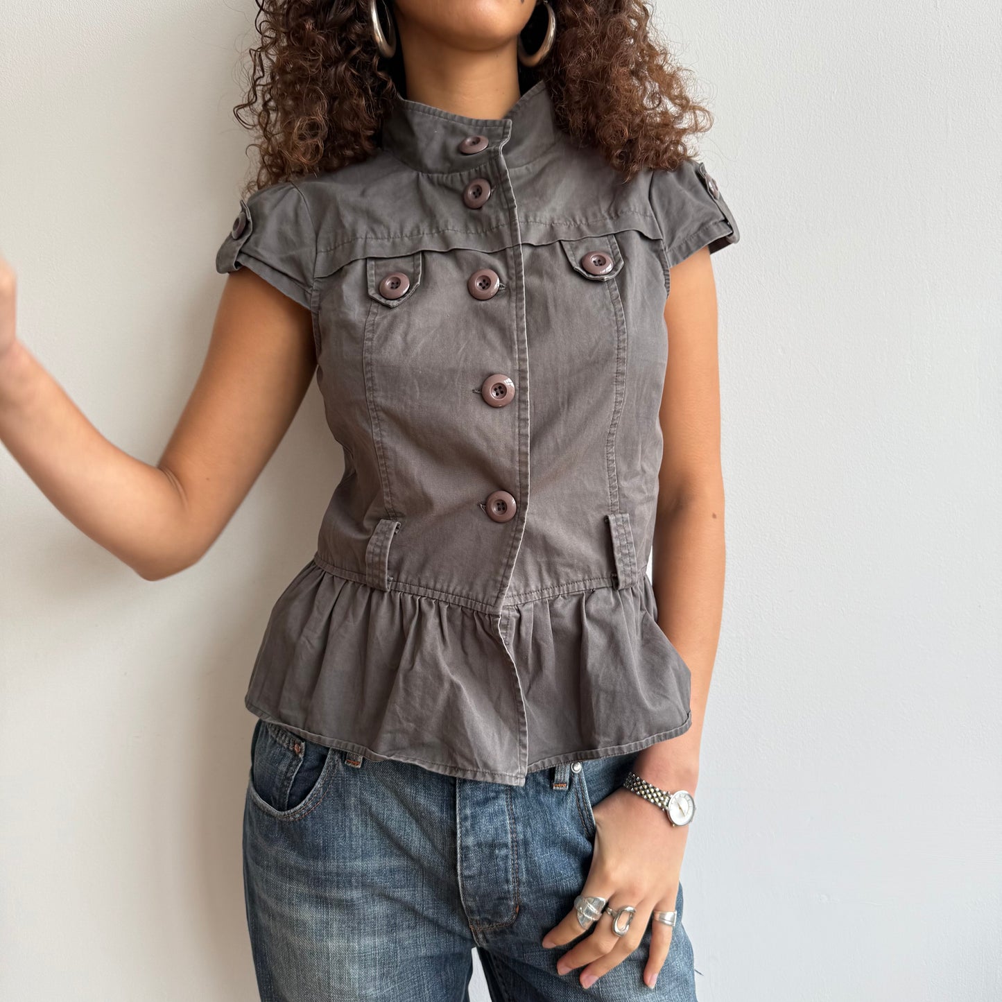 Khaki grey short sleeve jacket - Size S, M + L