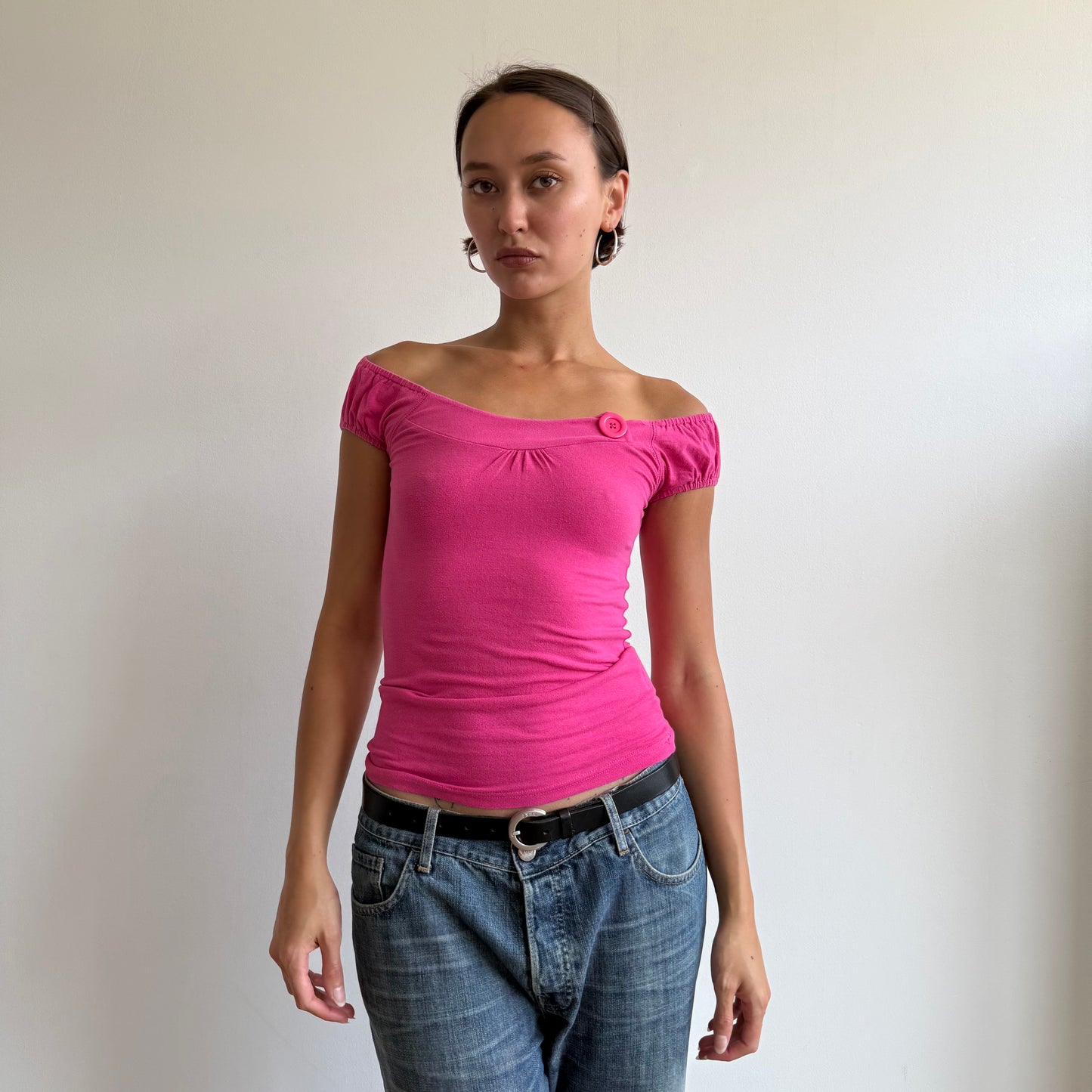 Hot pink button bardot top - Size S/M