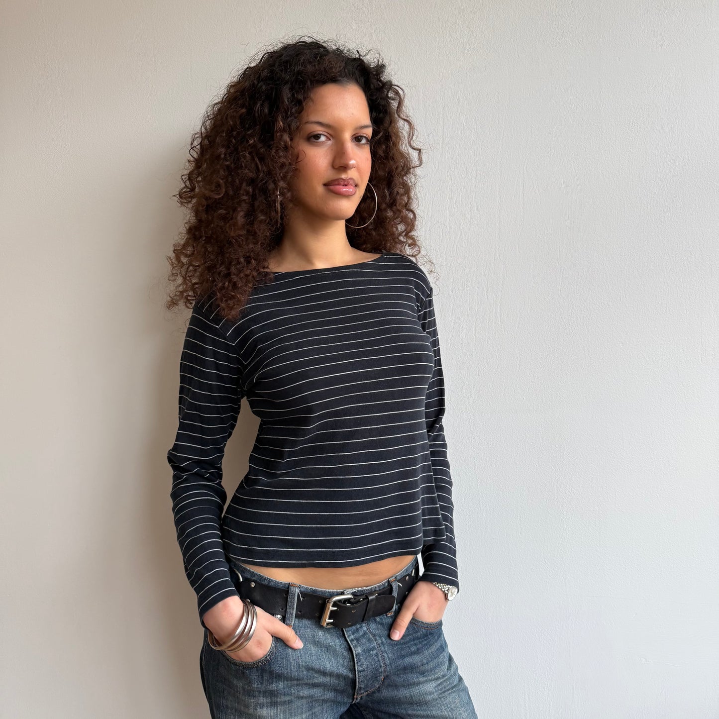 Navy + white striped long sleeve - Size S