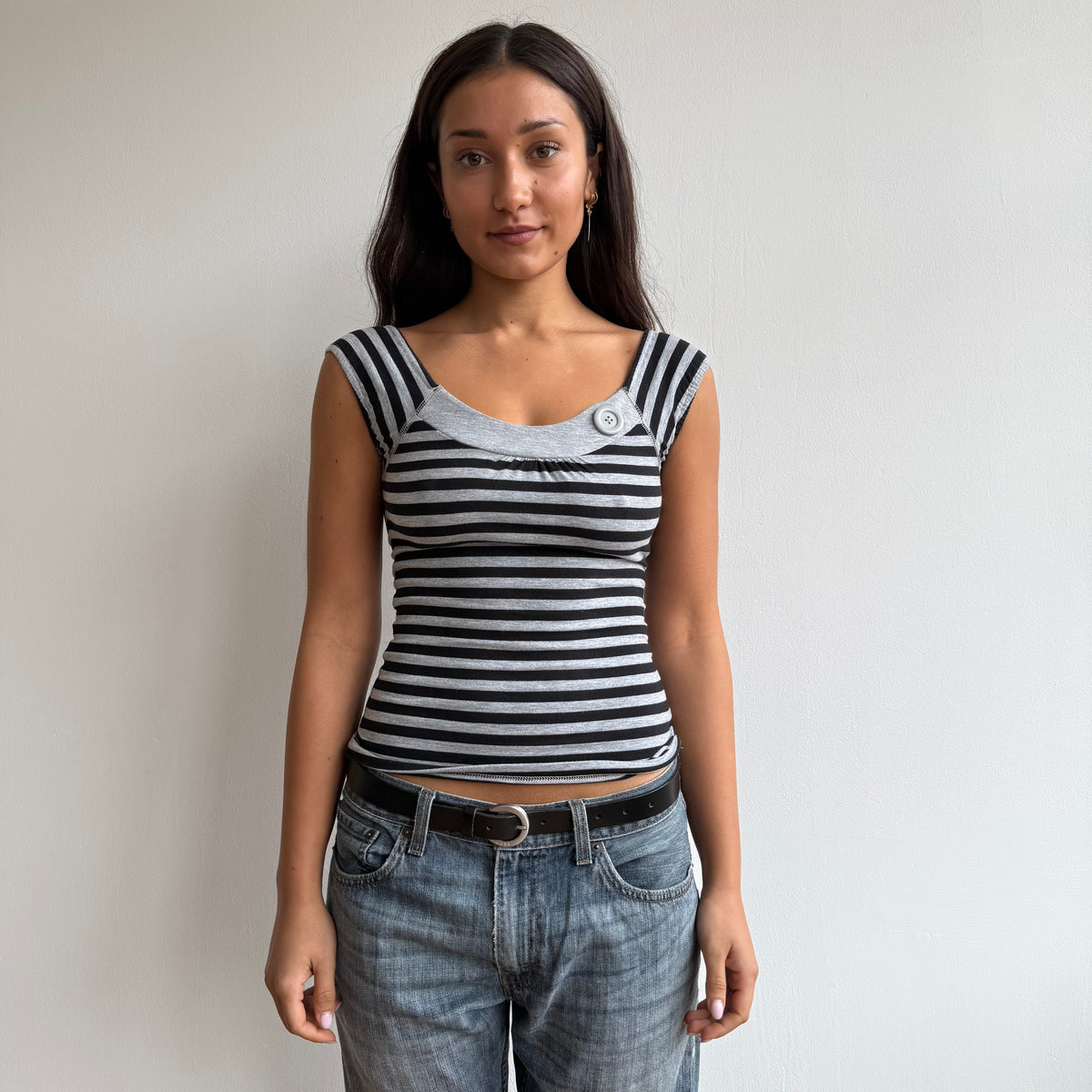 Grey stripe button top - Size XS + S/M