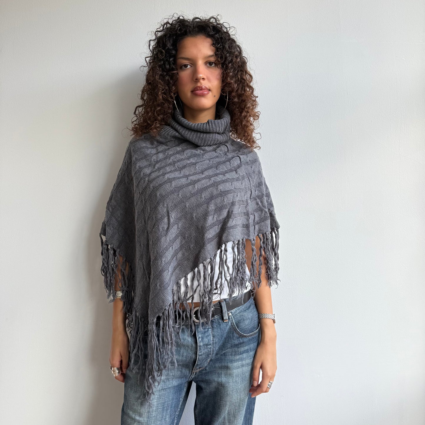 Charcoal grey tassel poncho - One Size