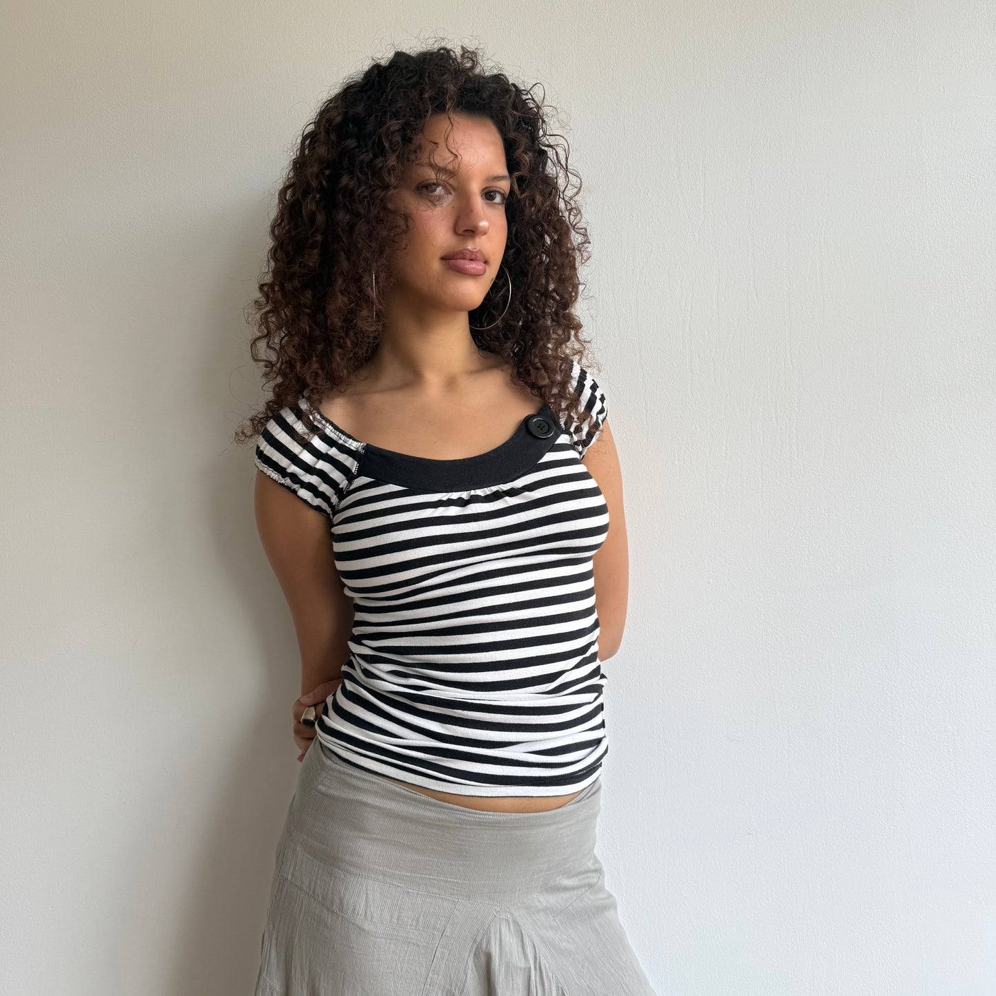 Black+ white striped button top - Size S