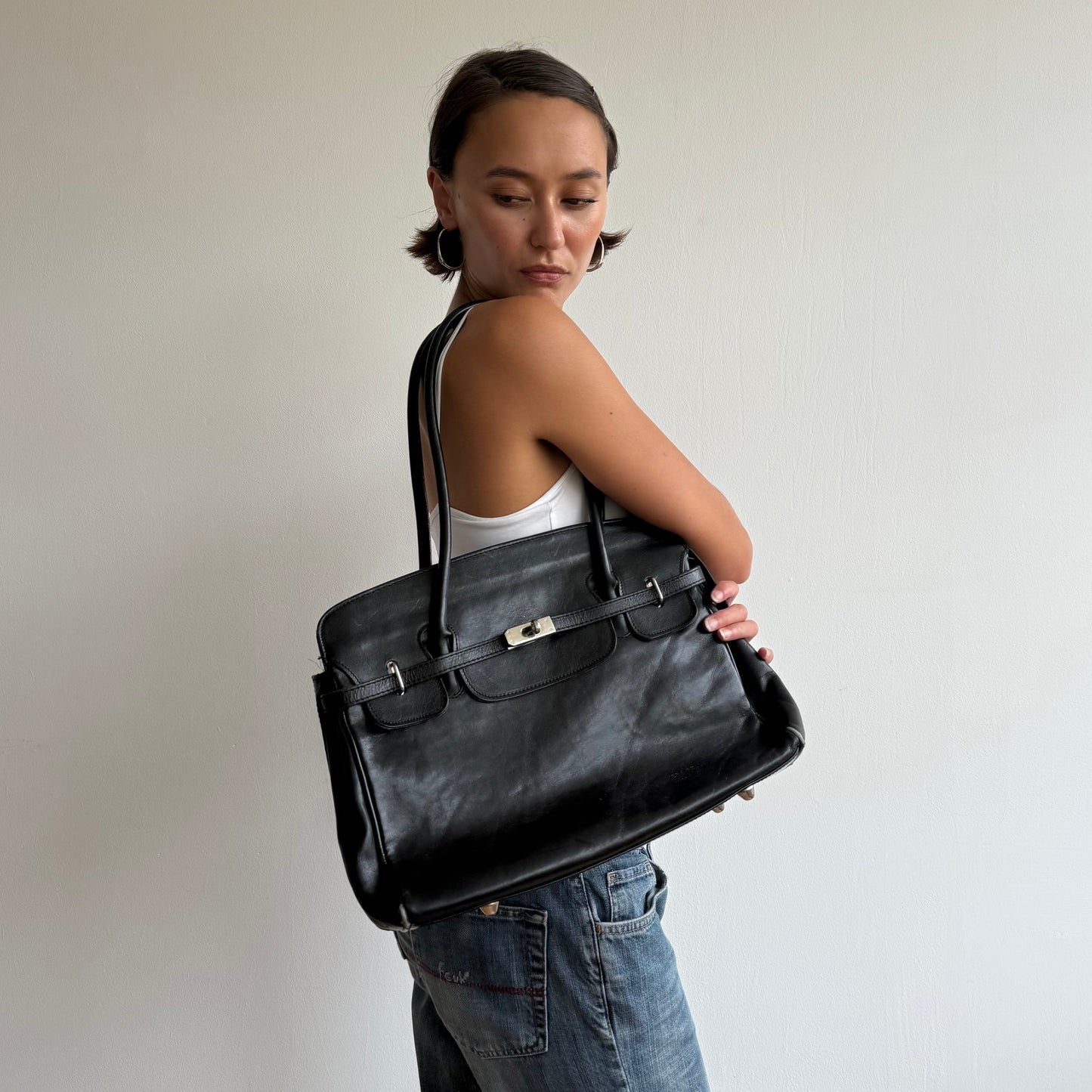 Black leather firkin bag - One Size
