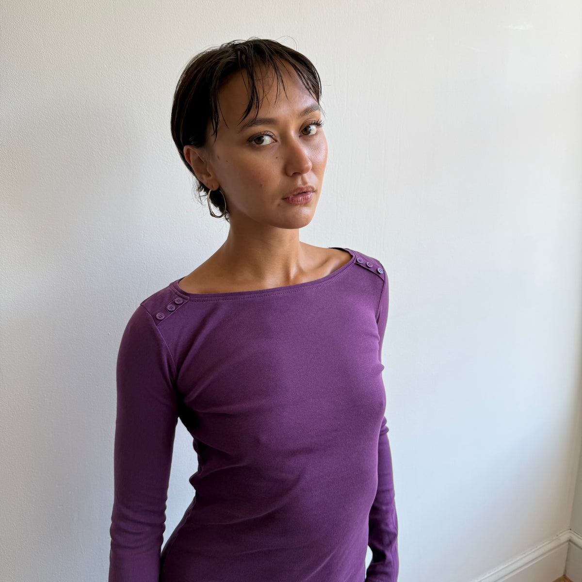 Purple button shoulder top - Size S
