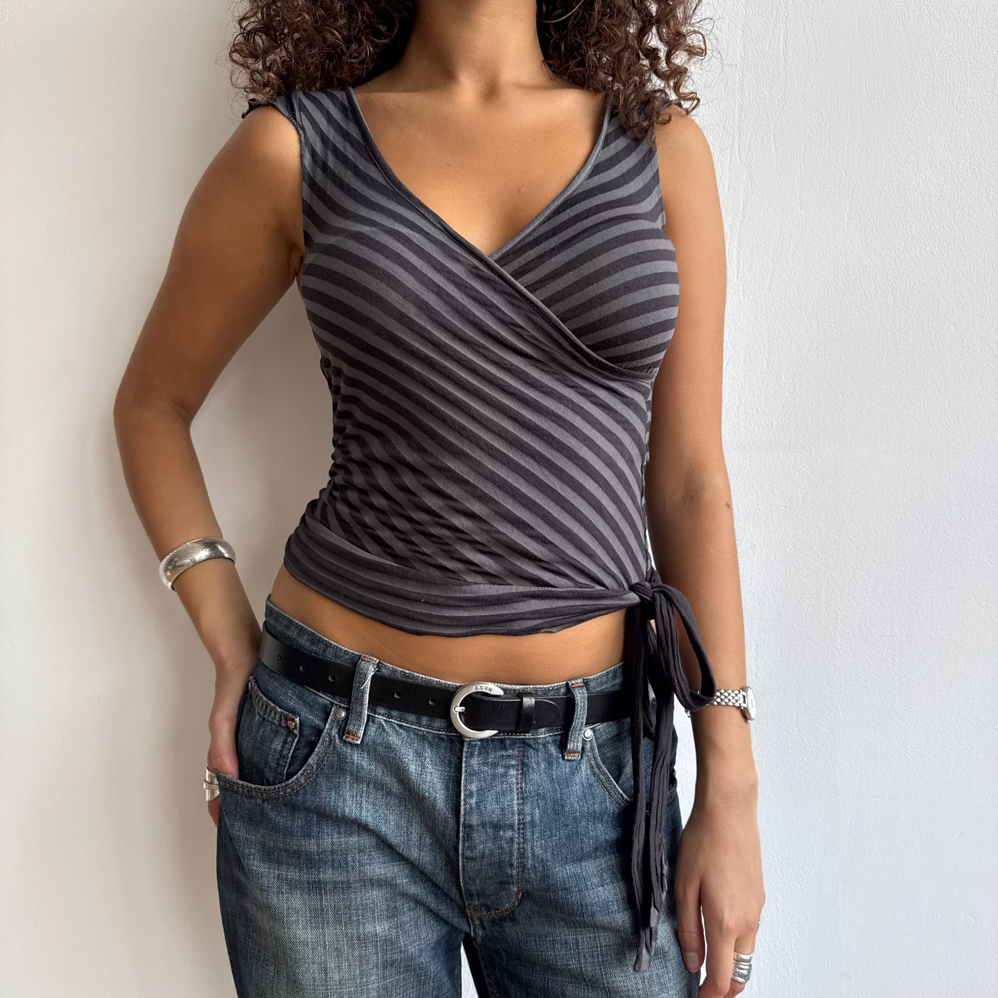 Black + grey stripe wrap top - Size S
