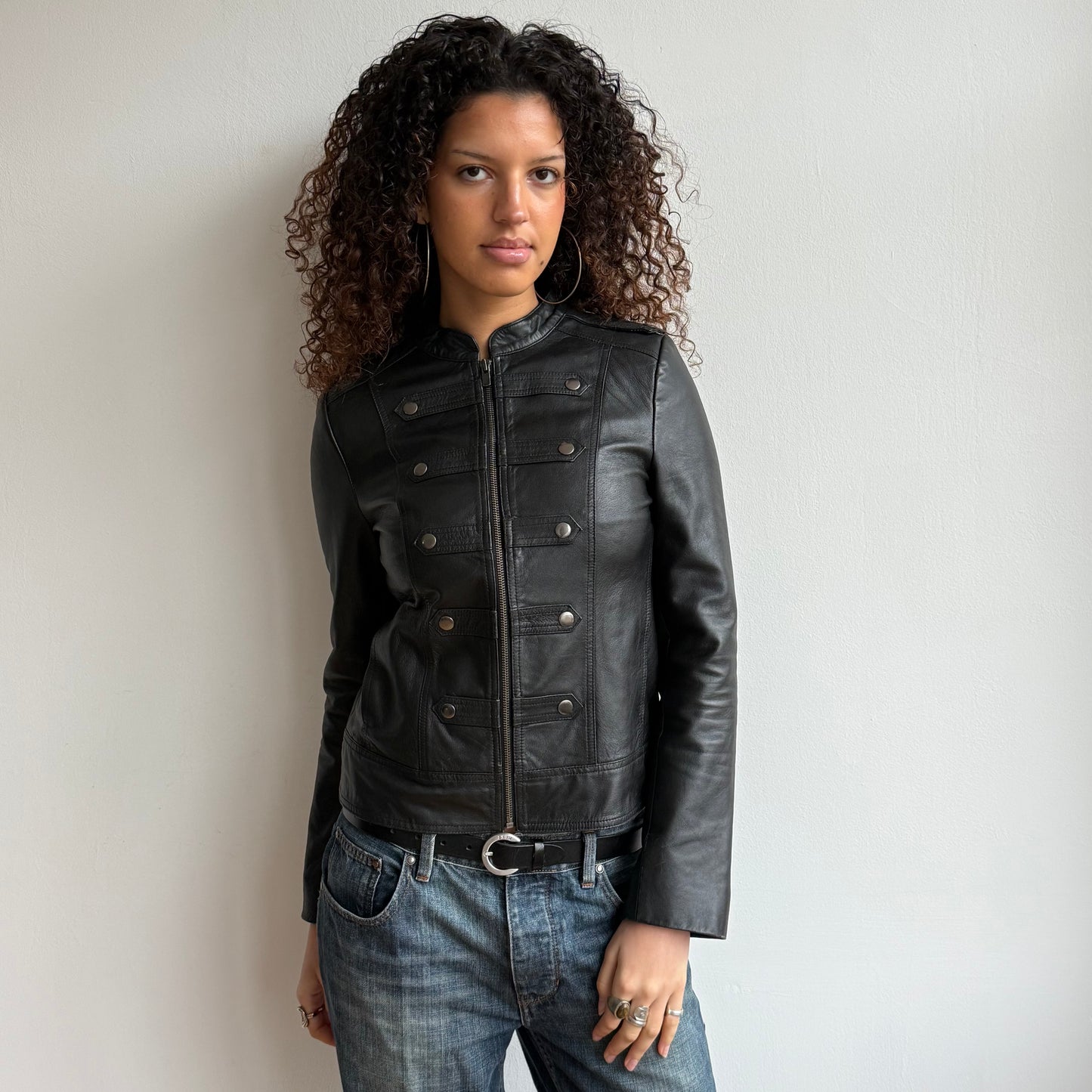 Black leather military jacket - Size M