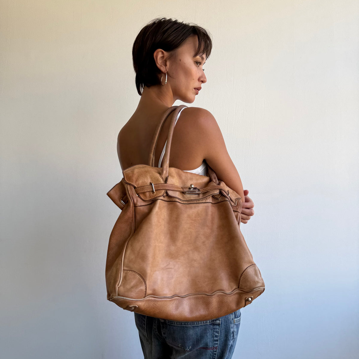 Peach leather firkin bag - One Size