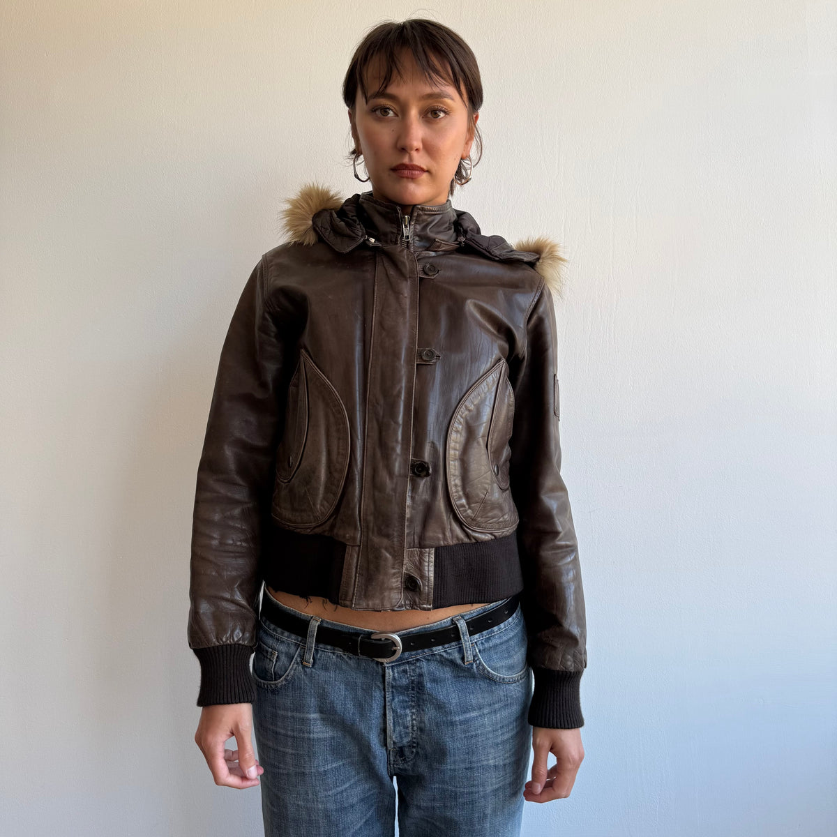 Brown leather fur hood bomber - Size M