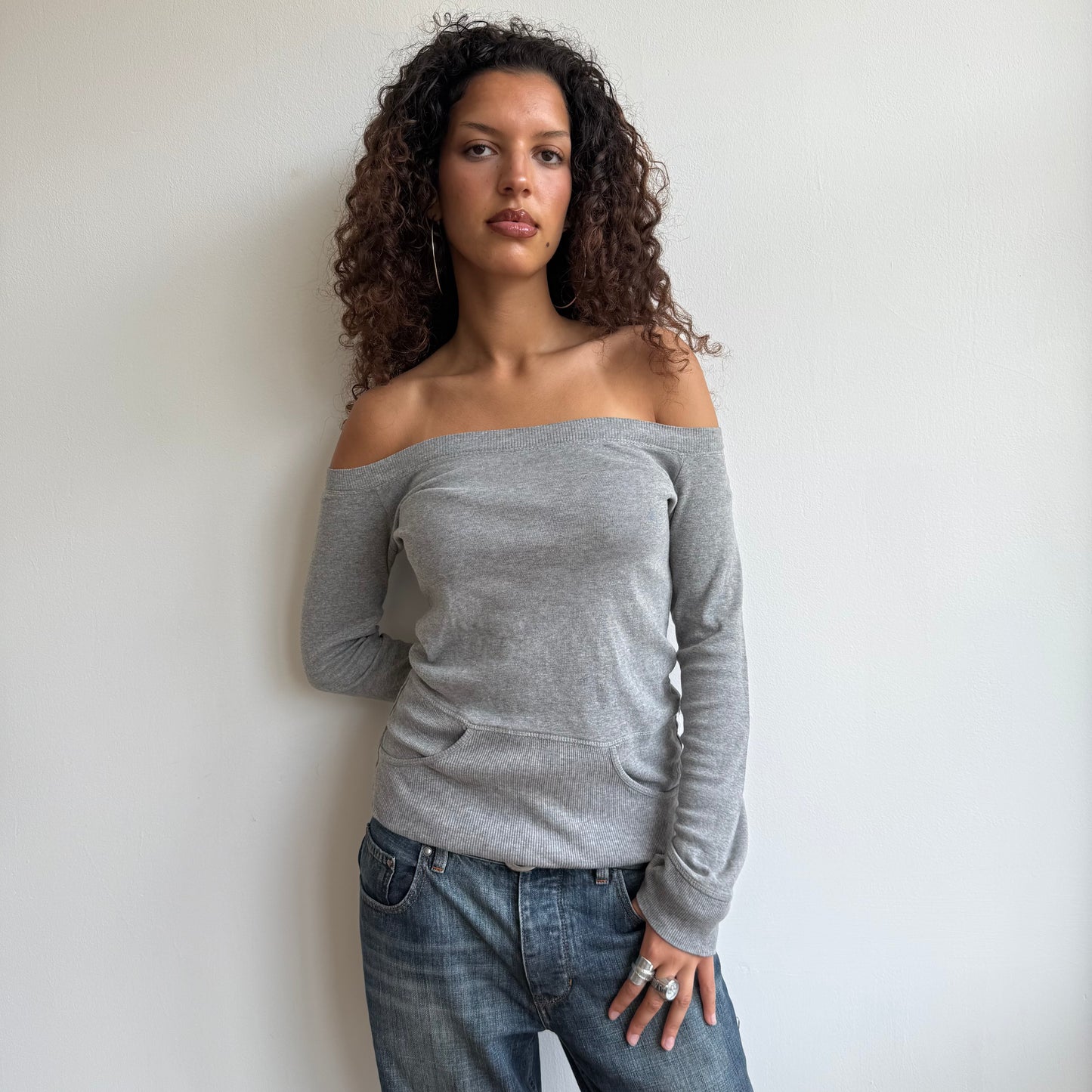 Grey pocket bardot top - Size M