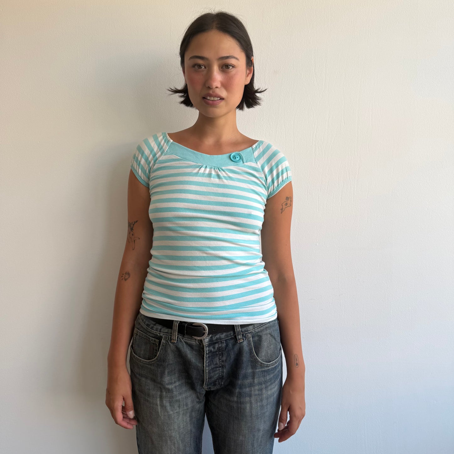 Turquoise striped button top - Size M